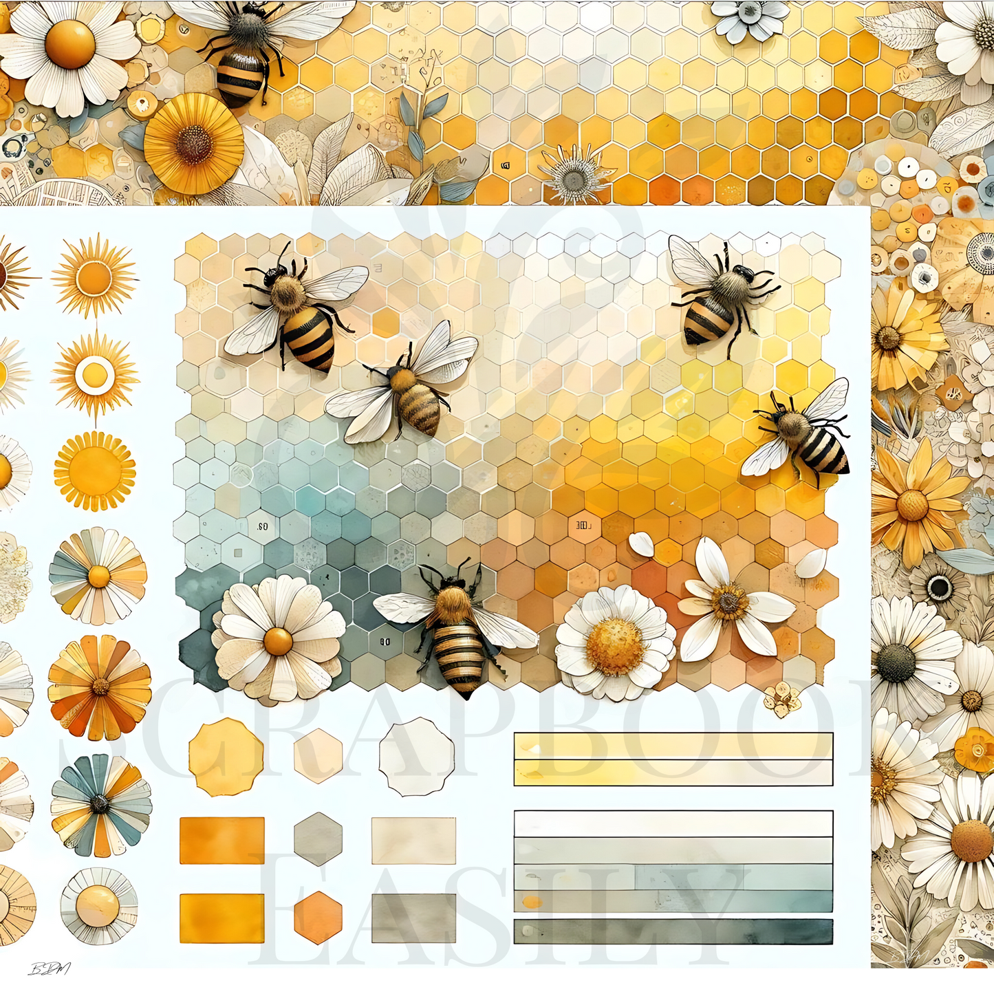 Vibrant scrapbooking ephemera decorations featuring bees & blossoms with hexagon patterns, perfect for crafting & scrapbooking, available at Scrapbook Easily.