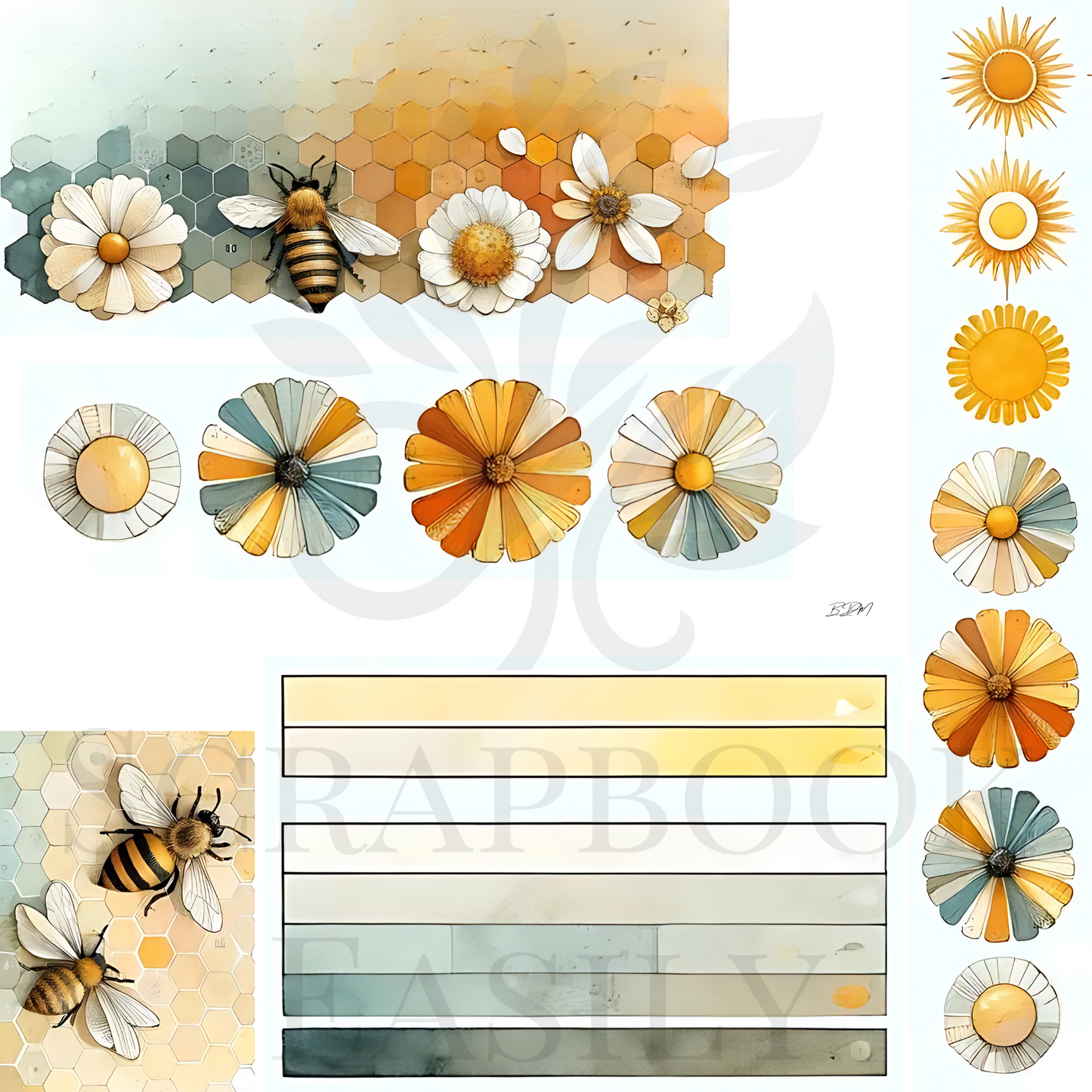 Creative ephemera decorations featuring artistic bees, flowers, & watercolour backgrounds, designed for versatile crafting uses, from Scrapbook Easily.