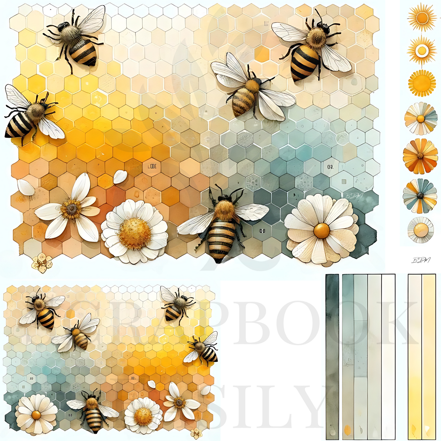 Explore Scrapbook Easily’s bee-themed scrapbook paper with vibrant blossoms & soft colour palettes, perfect for enhancing any craft project.