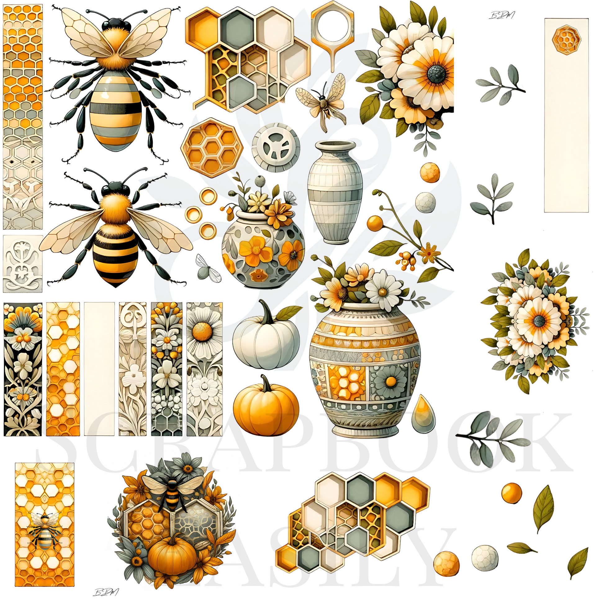 Autumn-themed scrapbooking elements with bees, honeycombs, pumpkins, & floral designs, perfect for festive digital scrapbook projects, available for instant download.