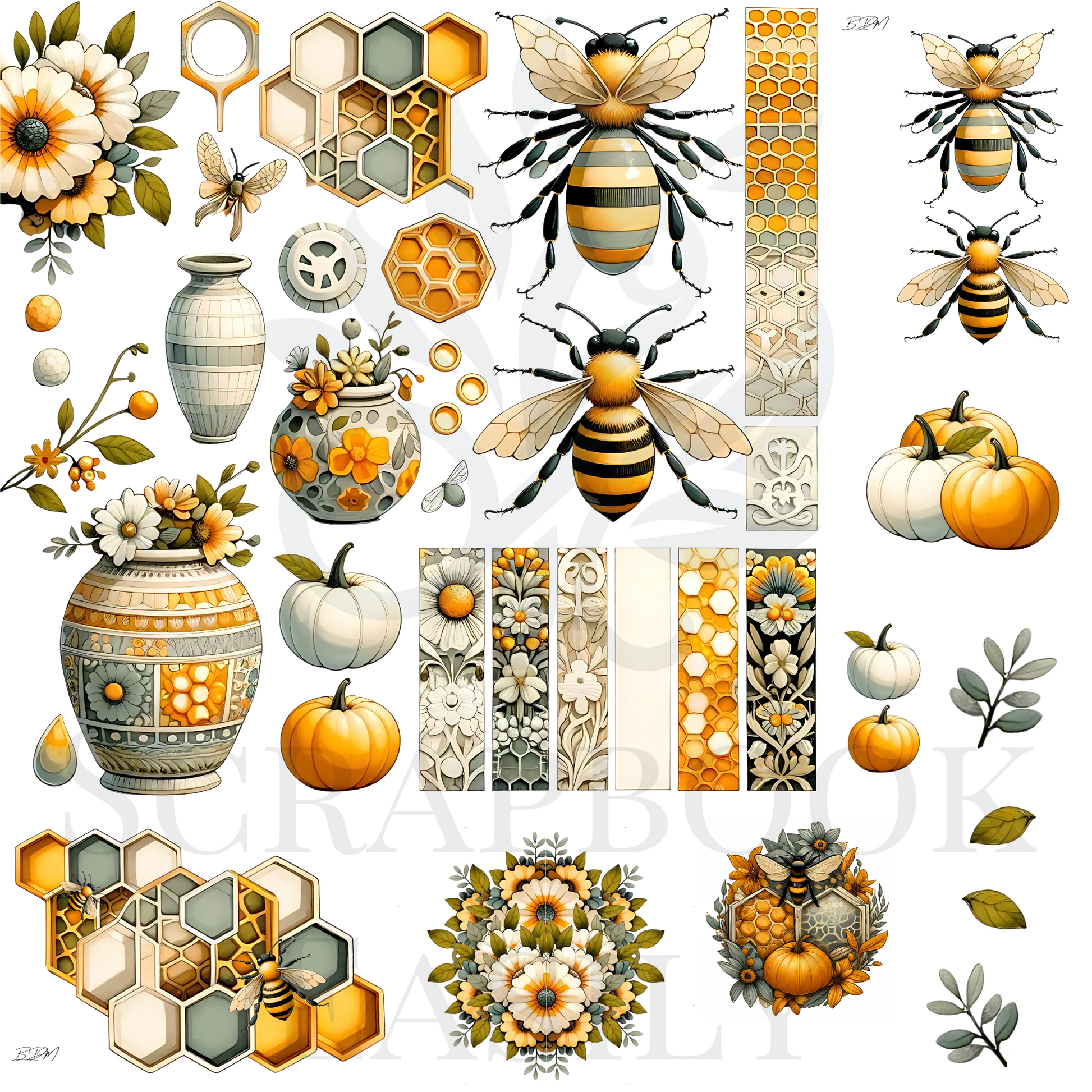 Scrapbook Easily's Ephemera Bees & Botanicals: A vibrant collection featuring honey bees, botanical illustrations, & geometric honeycomb designs, perfect for creative scrapbooking & papercraft projects. Explore more at www.scrapbookeasily.com.