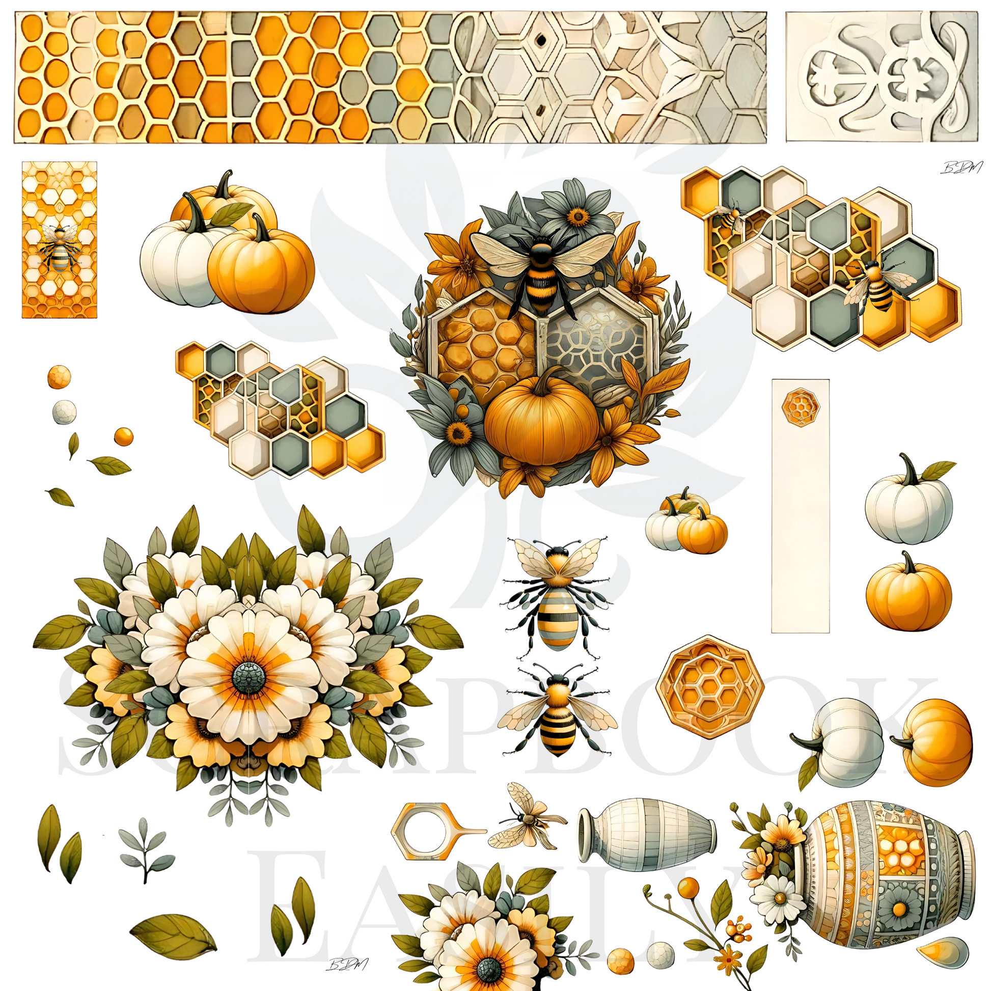 Ephemera Bees & Botanicals by Scrapbook Easily: This set includes meticulously illustrated bees, pumpkins, & honeycomb elements, ideal for enriching your scrapbooking creations. Visit www.scrapbookeasily.com for more.