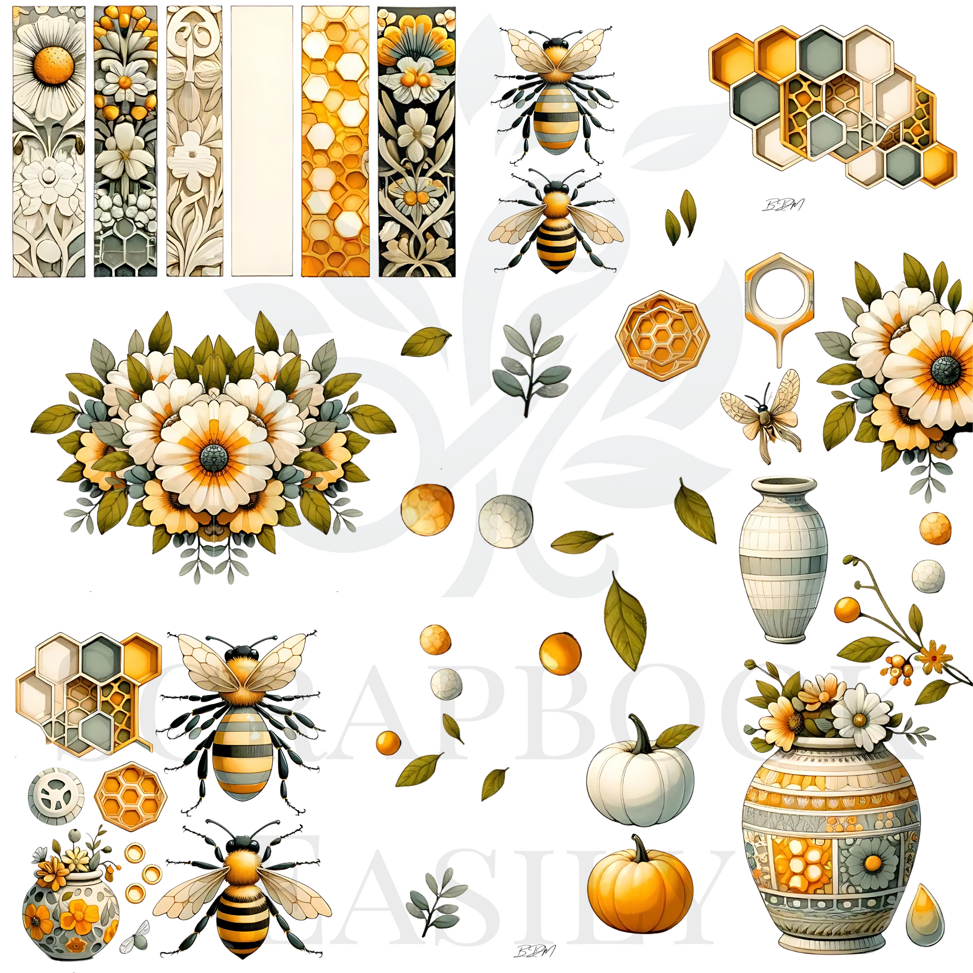 Discover Scrapbook Easily's Ephemera Bees & Botanicals: Features a lush arrangement of floral, bee, & hexagonal patterns, enhancing any scrapbook layout. Check out more at www.scrapbookeasily.com.