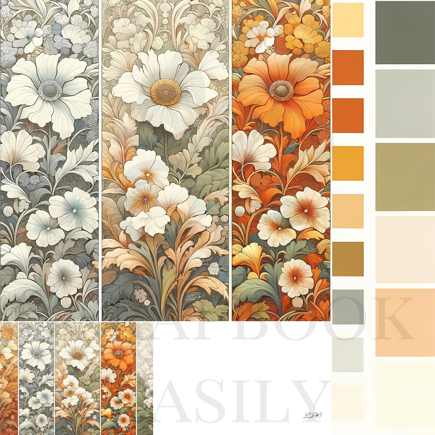 Decorative ephemera featuring a dense floral pattern with large white & bright orange flowers, ideal for embellishing papercrafts, exclusively at Scrapbook Easily.