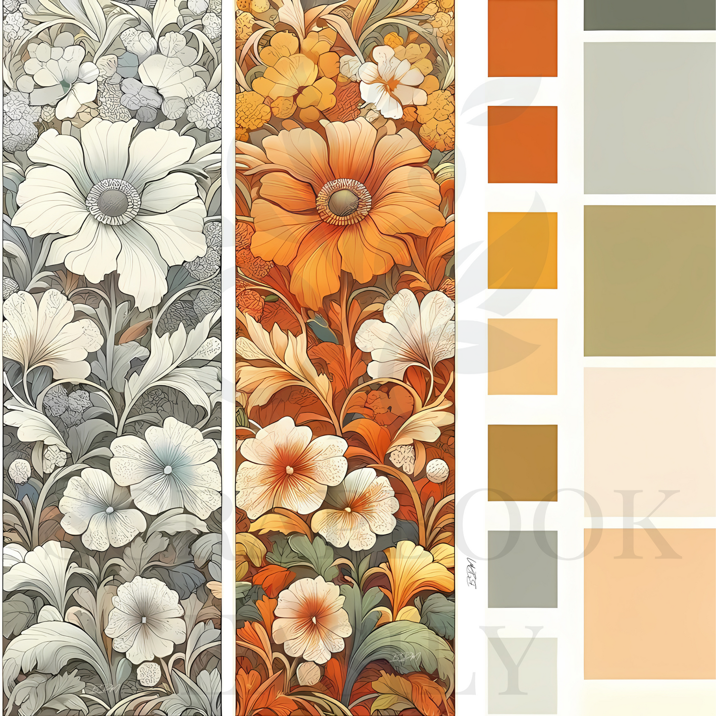 Scrapbook Easily offers exquisite ephemera scrapbooking decorations: vertical panels filled with white & golden flowers against a muted background, perfect for adding a floral touch to crafts.