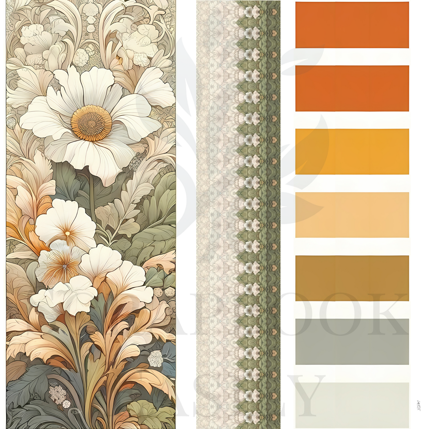 Ephemera papercraft decorations showcasing a rich column of orange & white blossoms, set against detailed leaf designs, available for download & print at Scrapbook Easily.