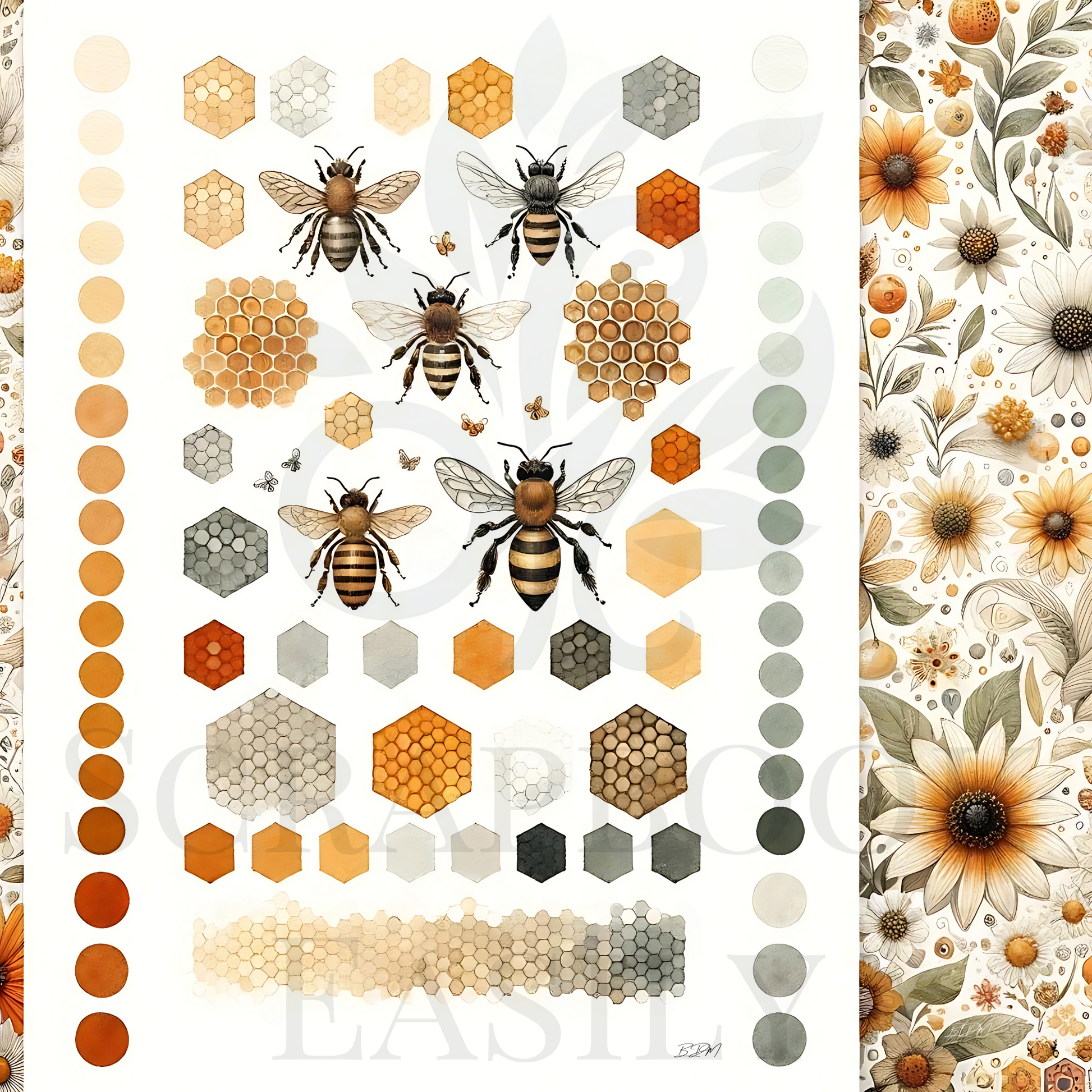 A vibrant collection of bee & floral ephemera decorations, featuring golden honeycombs & botanical prints, perfect for enriching any scrapbook project. Visit Scrapbook Easily for more.