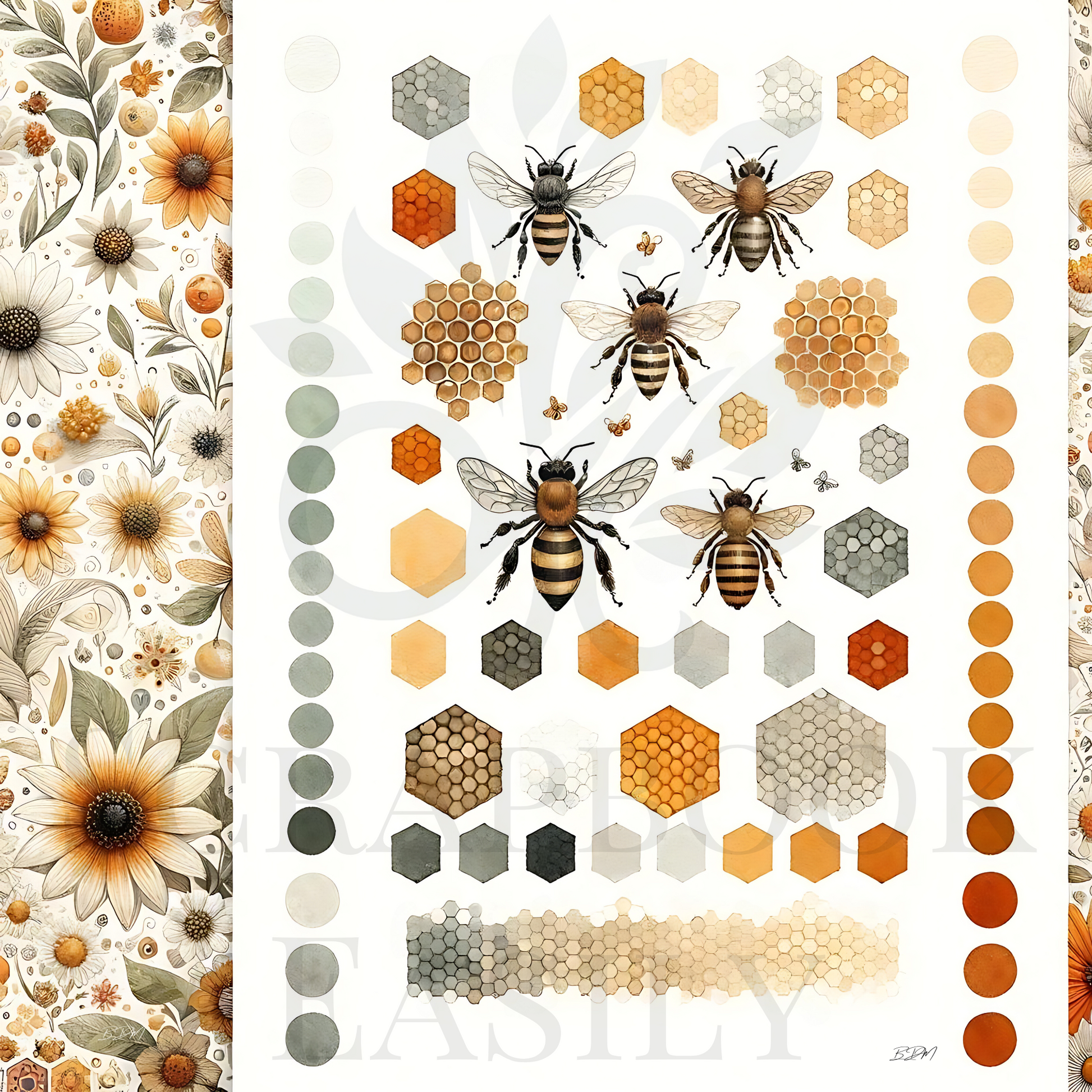 Ephemera decorations with detailed bees, honeycombs, and soft floral elements in a warm palette, ideal for creative scrapbooking at Scrapbook Easily.