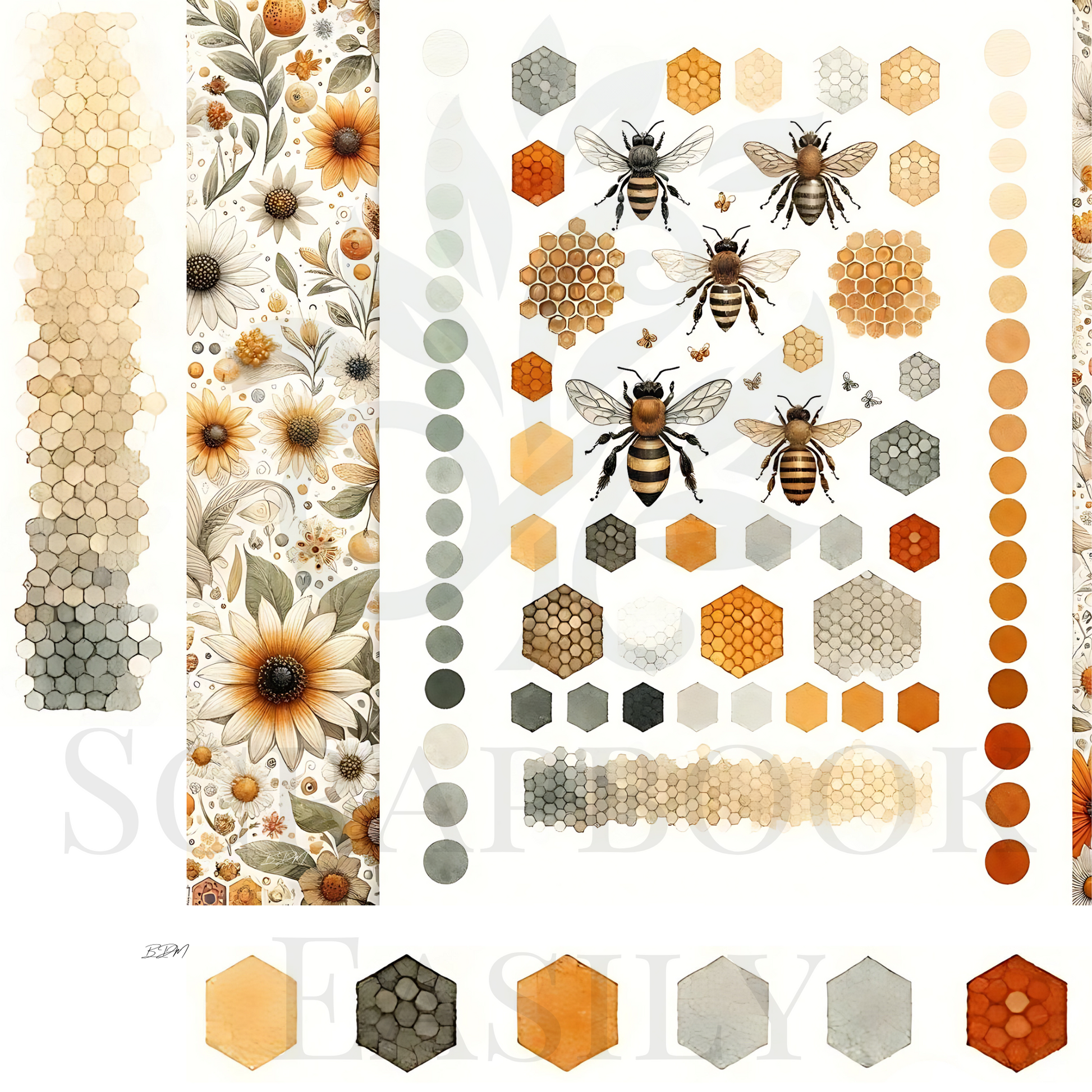 This Scrapbook Easily ephemera set showcases bees in mid-flight among lush flowers and hexagonal designs, capturing nature's essence for scrapbook enthusiasts.