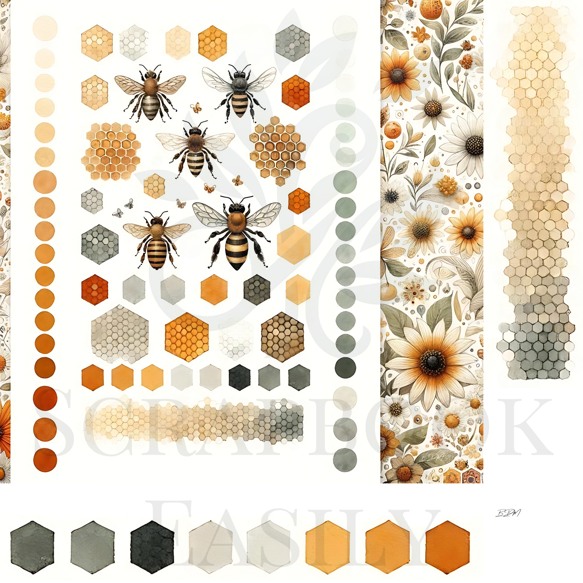 Autumn-inspired ephemera decorations featuring bees, pumpkins, and rich floral clusters, available at Scrapbook Easily for themed scrapbook projects.