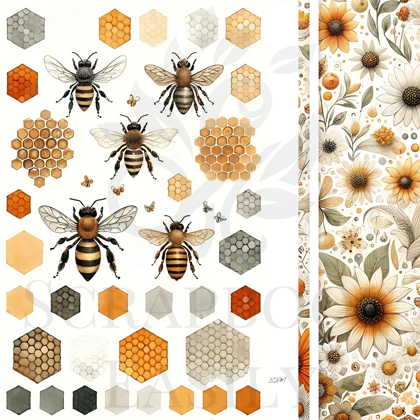 Ephemera set with a focus on pollinators and petals, offering a variety of bees and blooms against a backdrop of honeycomb patterns, exclusively from Scrapbook Easily.