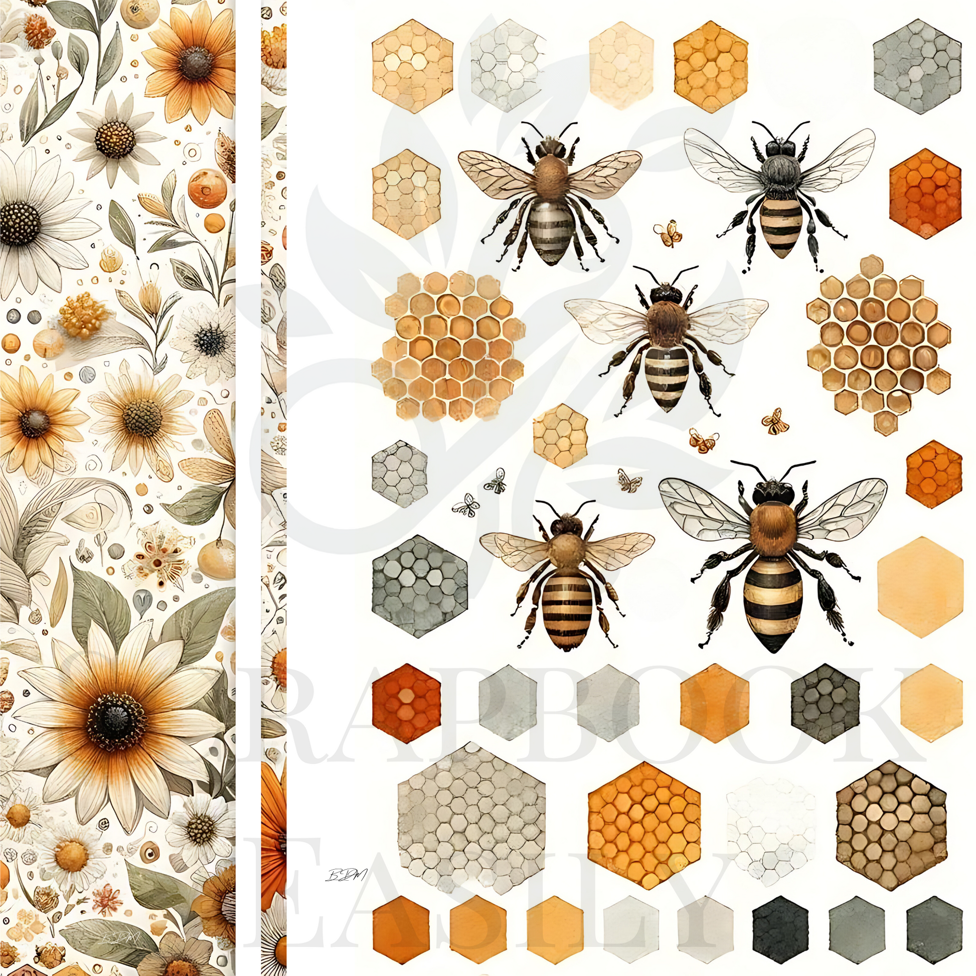 Comprehensive set of bee-themed ephemera decorations merging detailed insect art with botanical accents for scrapbooking, only at Scrapbook Easily.