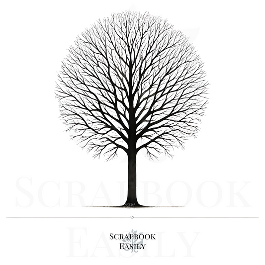 Artistic representation of a European Beech Tree from Scrapbook Easily, ideal for nature-themed decor, educational projects, crafting, & scrapbooking. This detailed black & white image can be personalized with watercolor pencils, used as a background in creative projects, or transformed into a unique fingerprint tree art for special events.