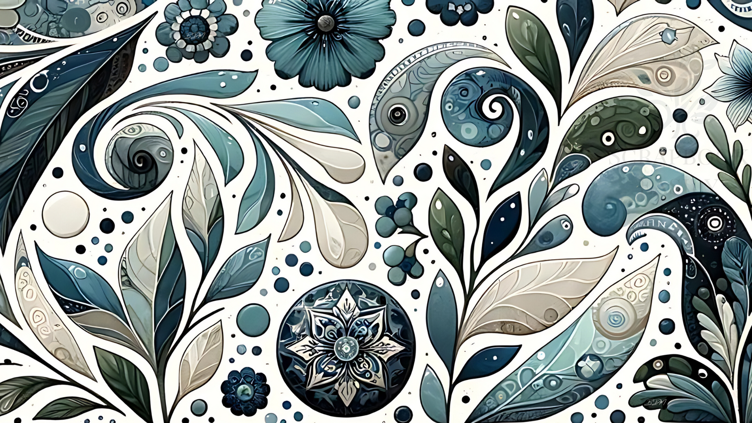 Seamless paisley & floral pattern, ideal for scrapbooking, featuring intricate designs in shades of blue & green with white accents, sample for print & online crafting use.