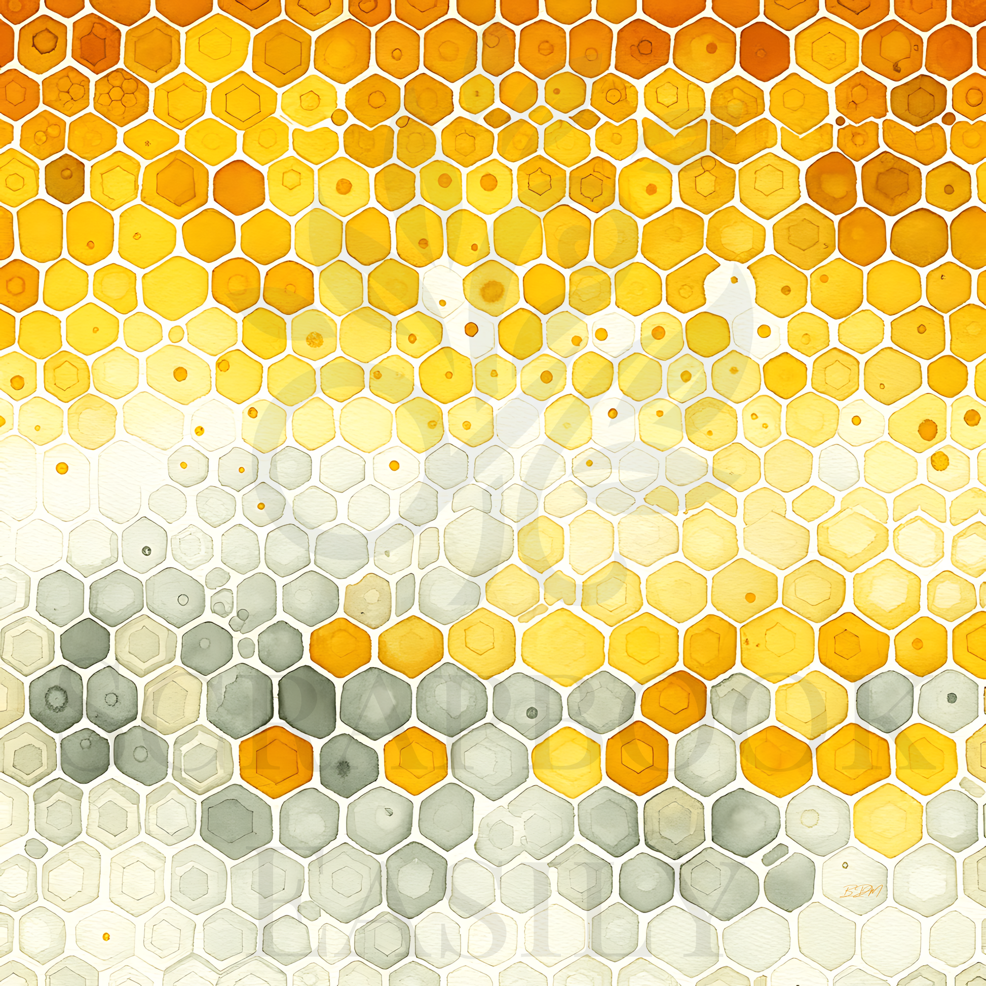 Seamless honeycomb pattern digital paper in warm yellow to cool grey gradient, ideal for scrapbook design, available for download & print for craft enthusiasts.