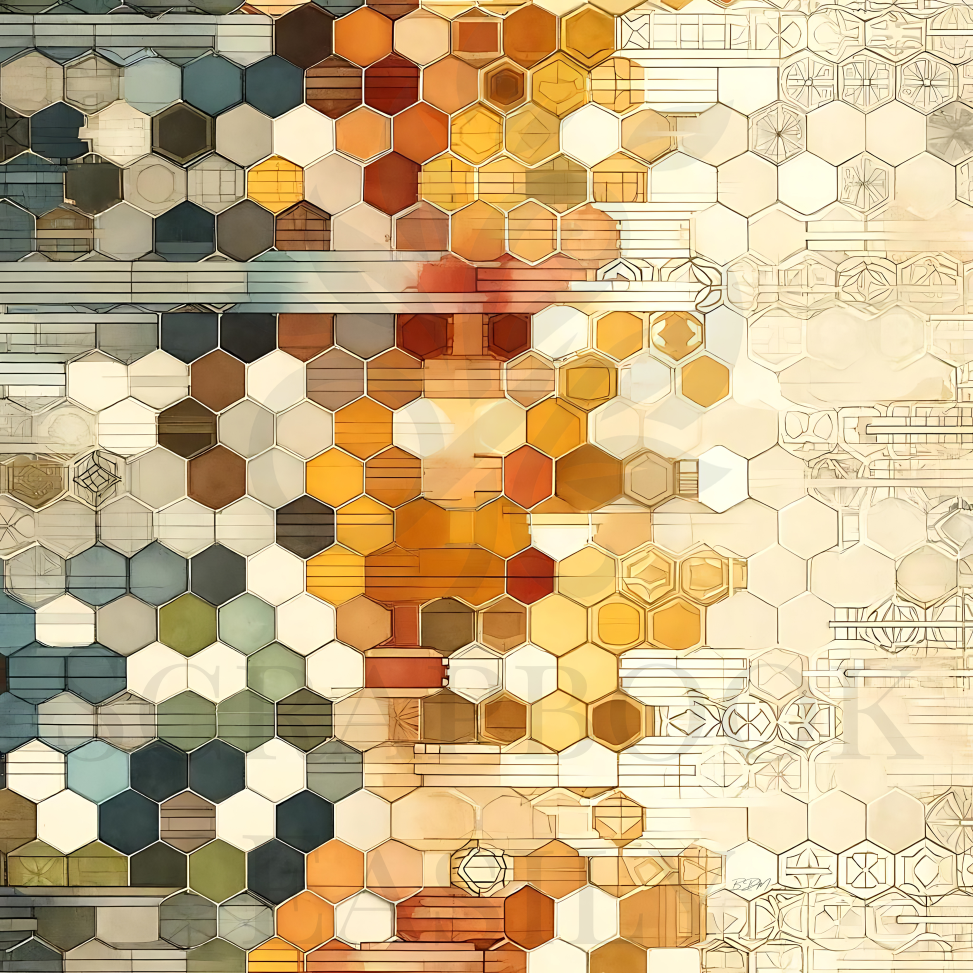 Artistic hexagon overlay digital background with a watercolor effect, showcasing a spectrum of coordinating pastels to deep autumnal tones, ideal for creative scrapbooking projects & digital art.