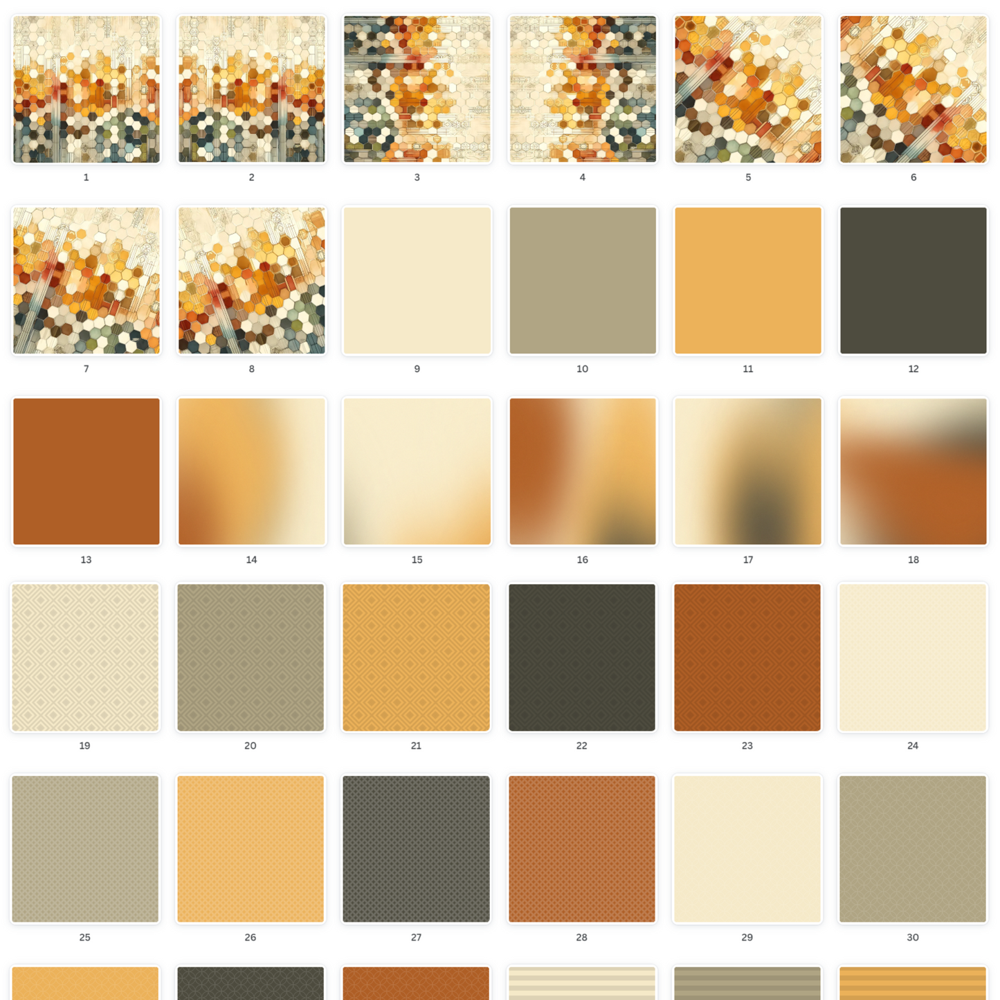 Variety pack of printable scrapbooking papers, featuring a cohesive palette of watercolor hexagons, solid colors, gradients, & geometric patterns in autumn tones, perfect for digital download & versatile crafting projects.