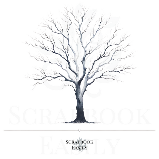 Elegant Ghost Gum Tree artwork from Scrapbook Easily, perfect for nature-themed decor, educational projects, & crafting. This versatile black & white image can be customized with watercolor pencils for a personalized touch in wall art, scrapbooking, or as a unique fingerprint tree art for special events, enhancing any living space or learning environment.