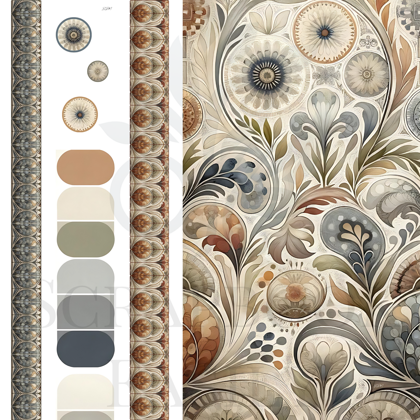 Renaissance Revival Ephemera digital papers featuring ornate florals & classic designs in neutral tones. Ideal for scrapbooking, available in PDF & PNG at Scrapbook Easily.