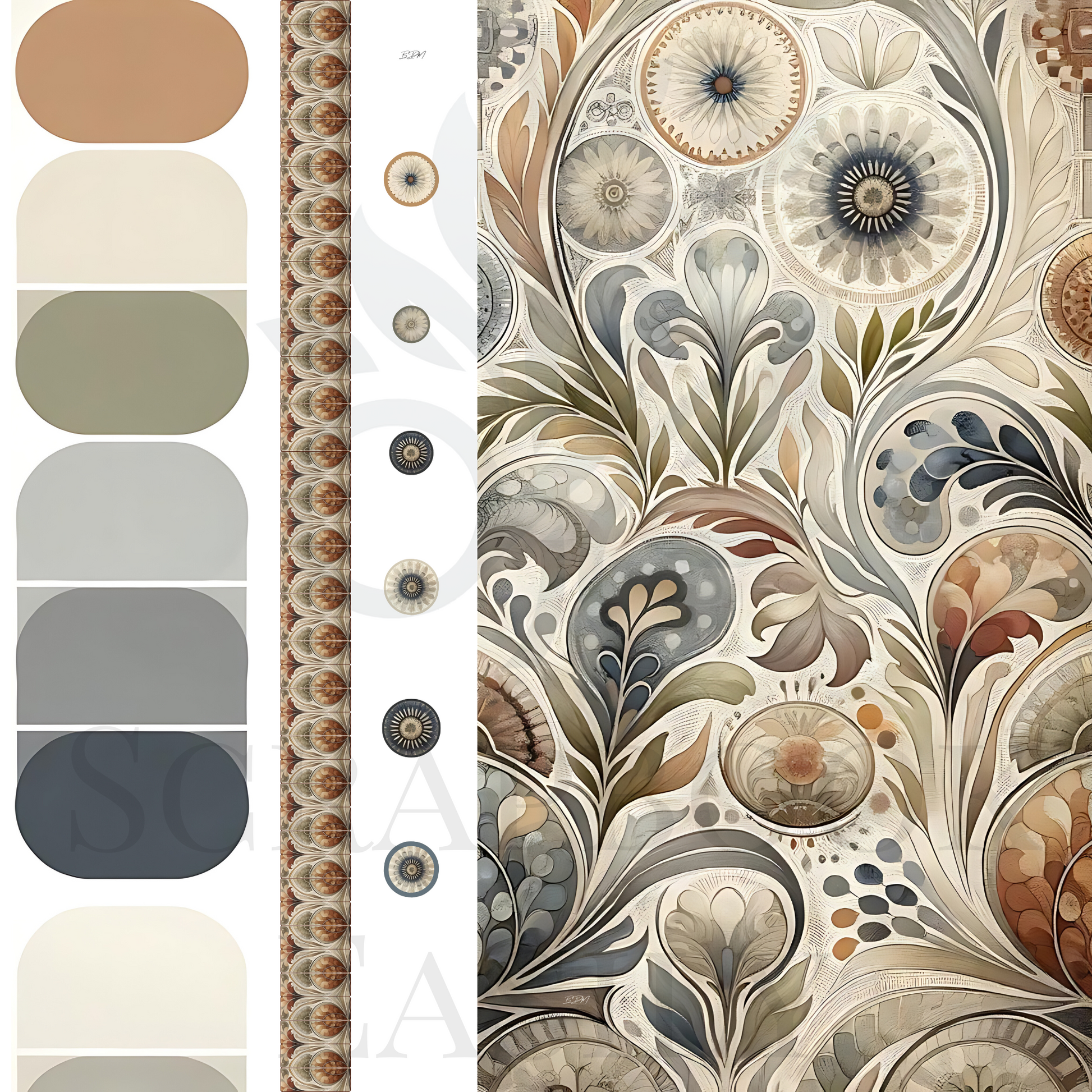 Intricate floral patterns with vintage earth tones, part of the Renaissance Revival Ephemera decorations collection. High-quality digital scrapbooking materials from Scrapbook Easily.