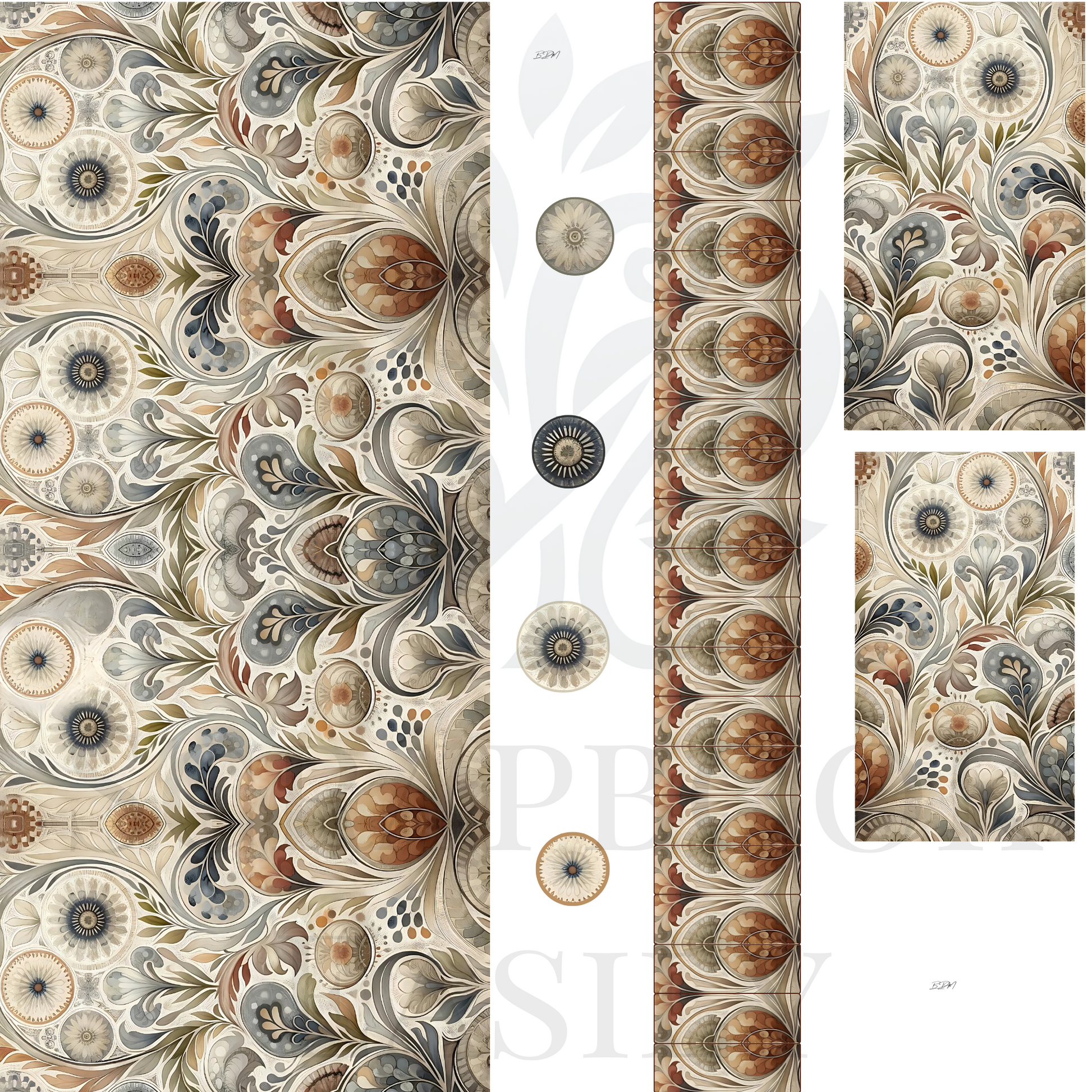 Elegant scrapbooking papers from Renaissance Revival Ephemera, showcasing symmetrical floral motifs & soft colour palettes, available at Scrapbook Easily.