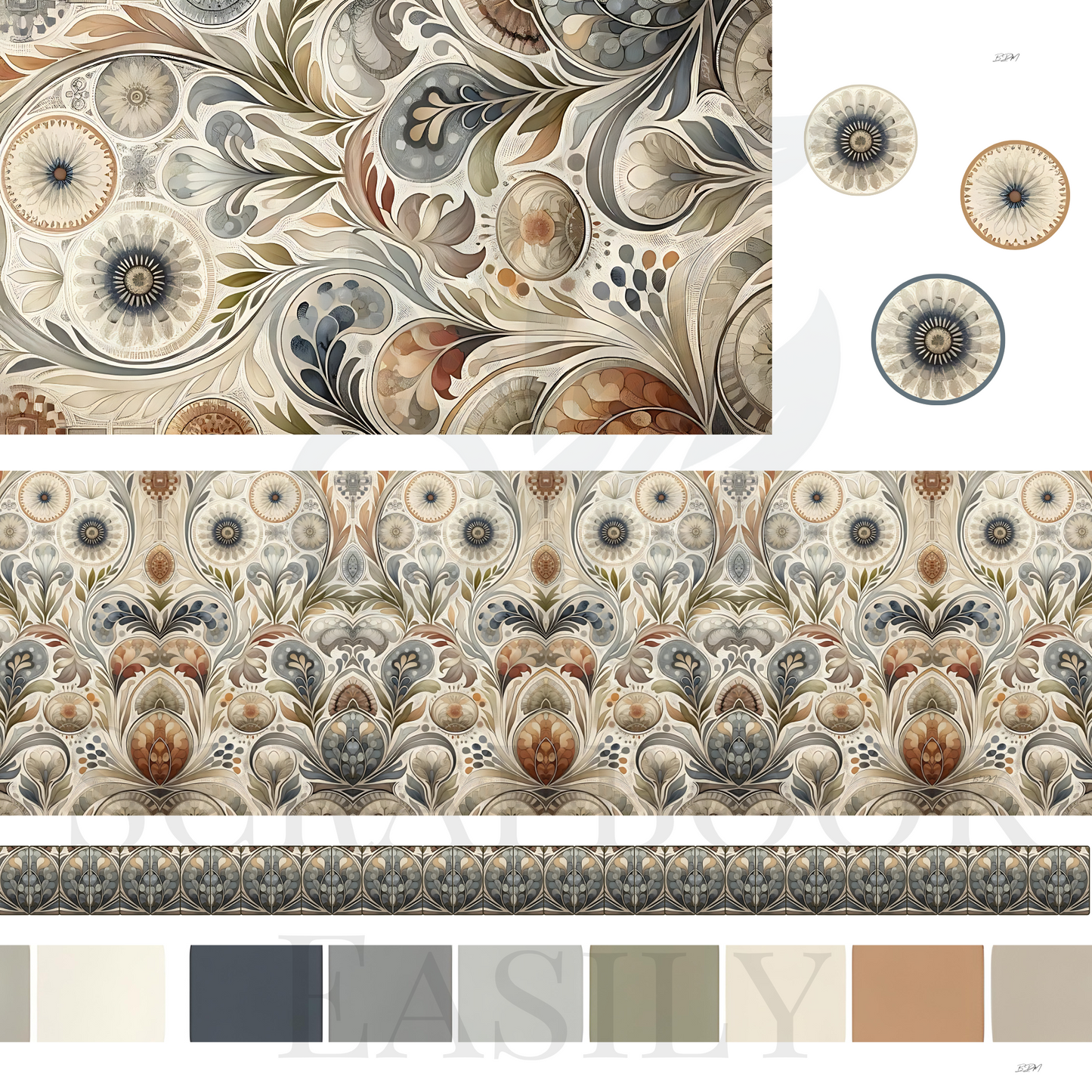 Explore the Renaissance Revival Ephemera collection at Scrapbook Easily, featuring classical floral designs in subdued earthy hues for creative projects & decorations.