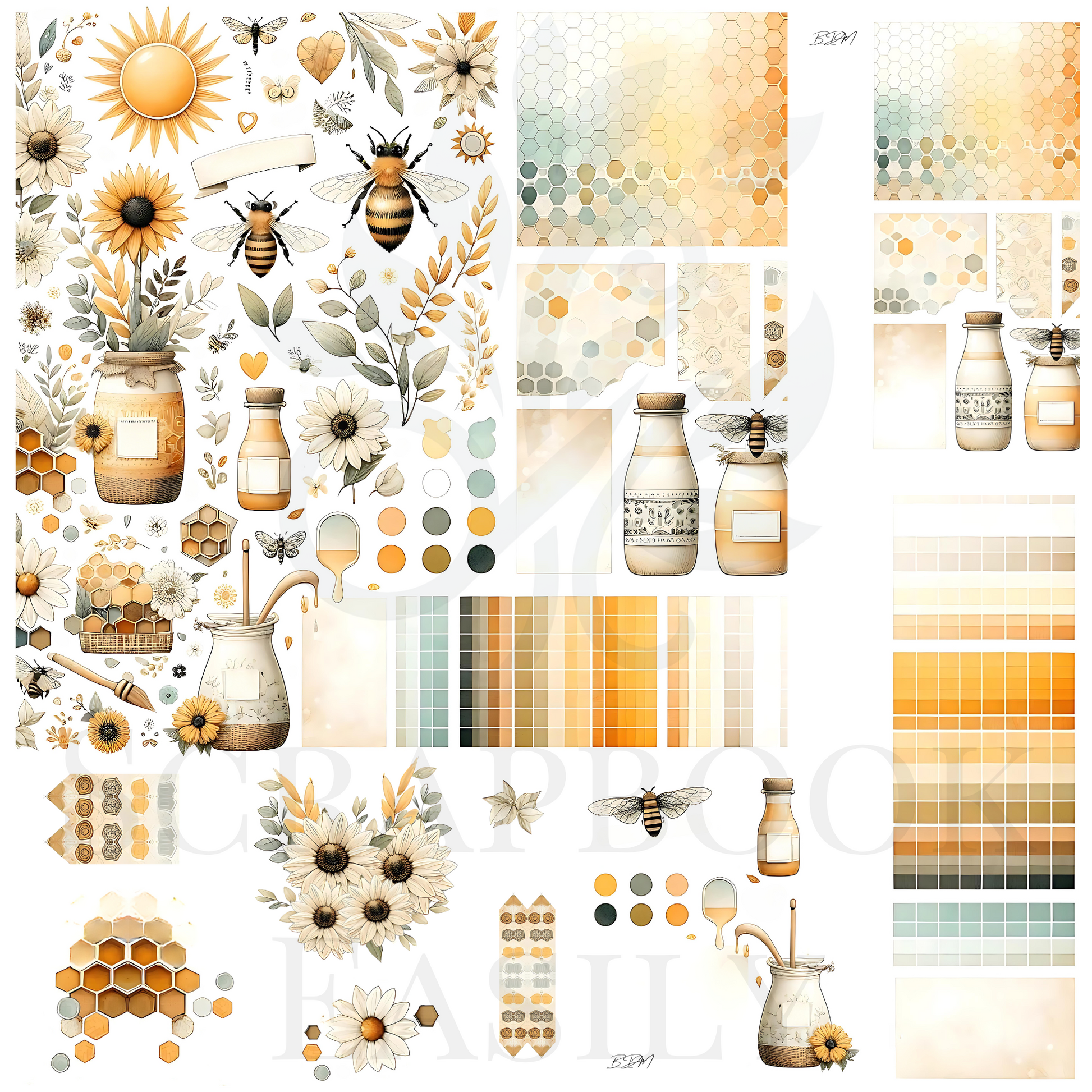 Sunlit Apiary Ephemera Collection: Bees, sunflowers, & honey jars amidst golden tones, perfect for scrapbooking. Available at Scrapbook Easily in various sizes & high-quality formats.