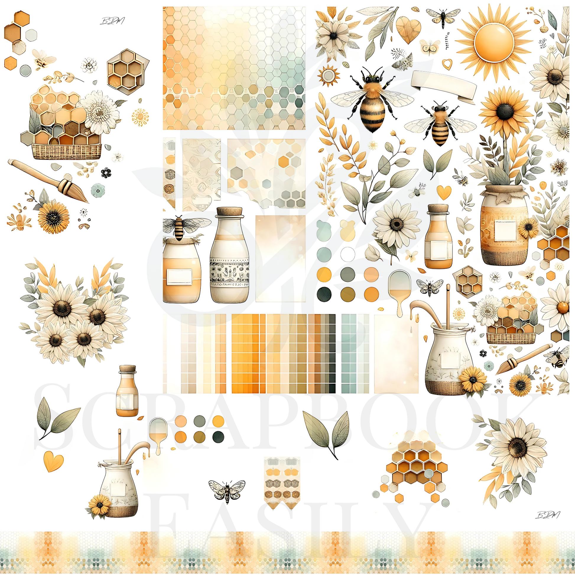 Scrapbook Easily's Sunlit Apiary Ephemera: Rich array of bees, sunflowers, & harvesting tools set against a backdrop of honeycomb & pastel shades, ideal for decorations & crafting.