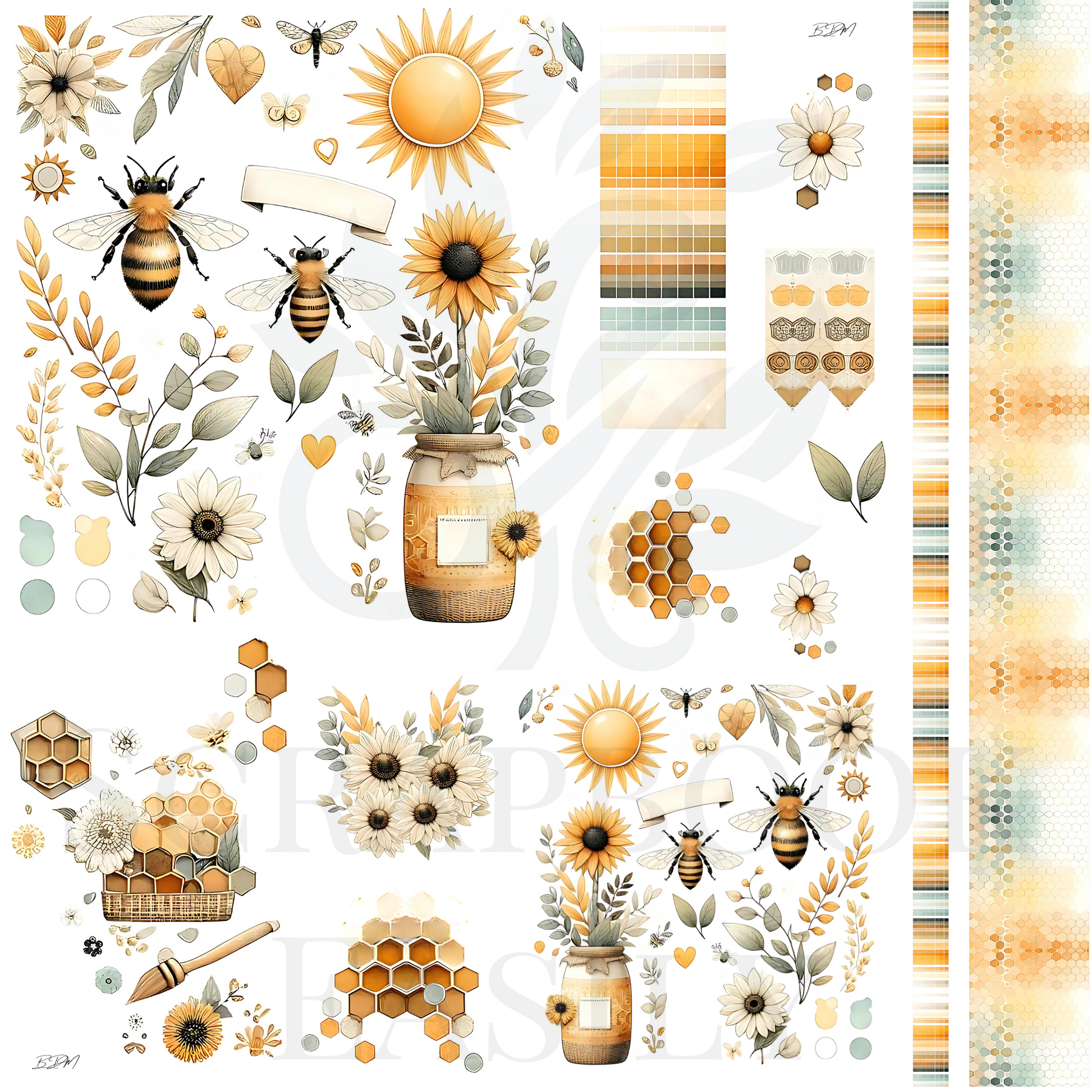 Delicate & vibrant, Sunlit Apiary Ephemera features bees, sunflowers, & botanical elements in a warm palette, from Scrapbook Easily. Download & print to decorate your creative projects.