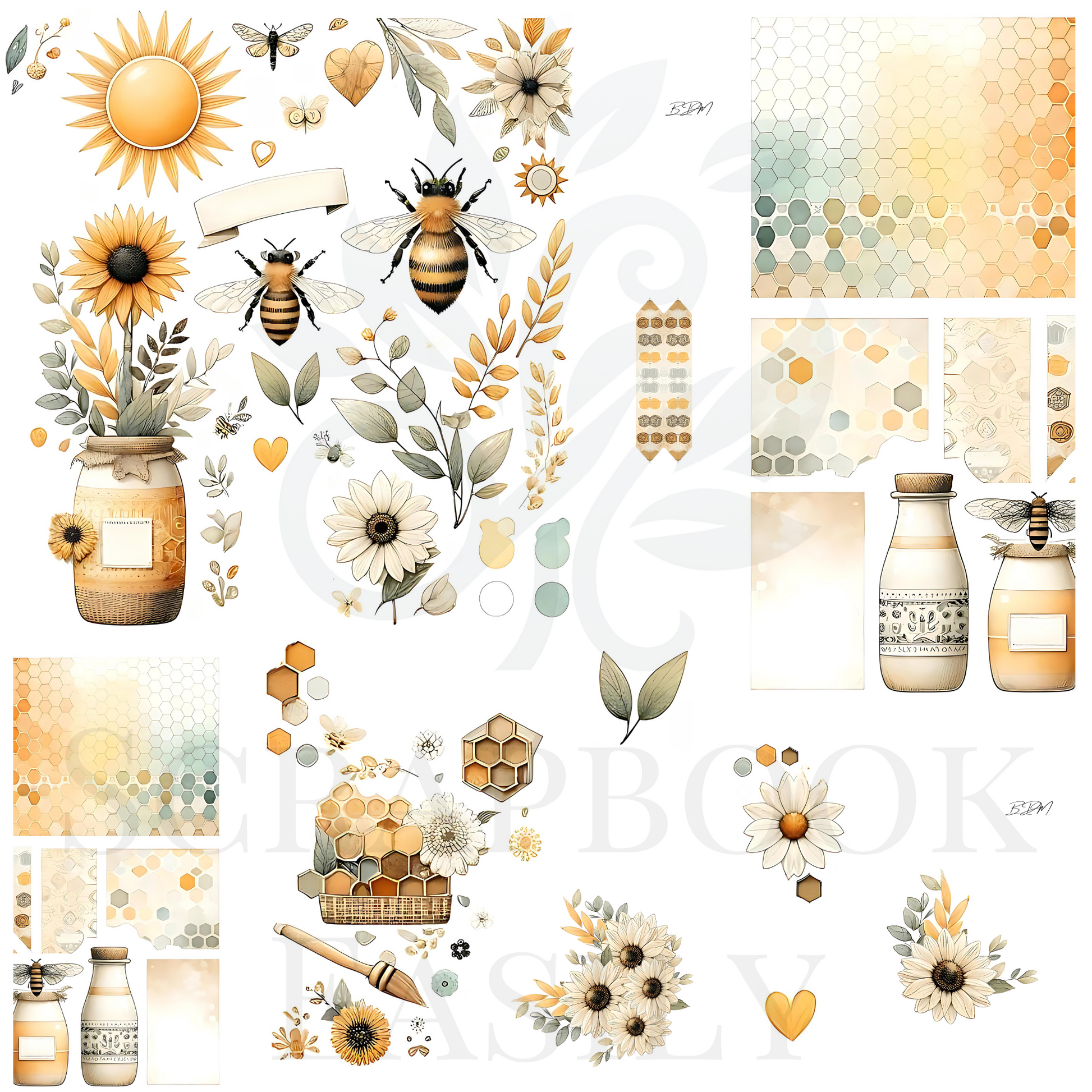 Scrapbook Easily presents Sunlit Apiary Ephemera: A serene blend of bees, floral designs, & soft earth tones, perfect for professional & home printing.