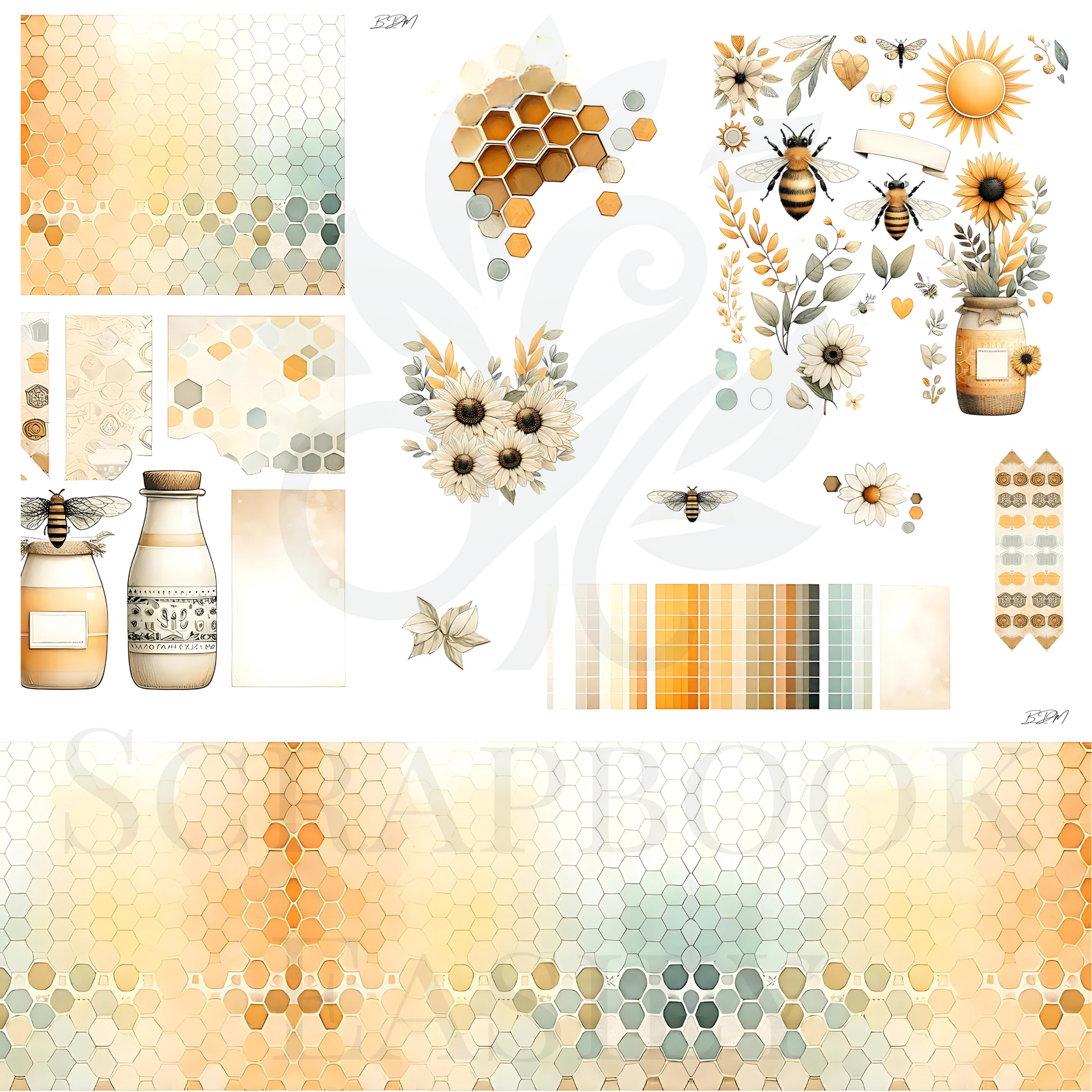 Explore the essence of summer with Scrapbook Easily’s Sunlit Apiary Ephemera, decorations showcasing bees & sunflowers against a soft, textured background.