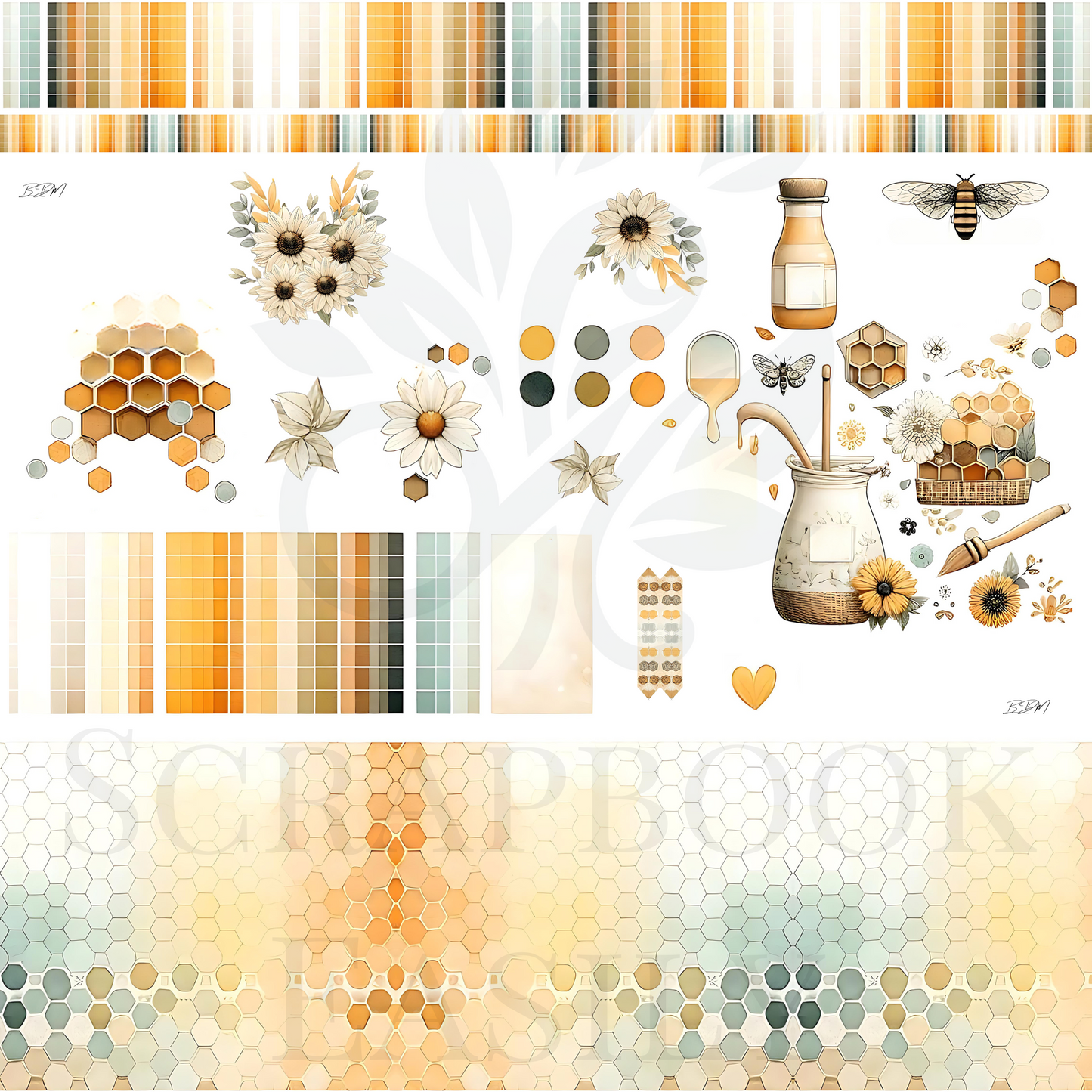 Sunlit Apiary Ephemera at Scrapbook Easily: A decorations collection capturing the golden hues of honey & sunflowers, seamlessly blending into your scrapbooking projects.