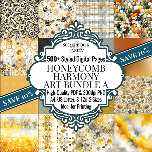 Explore the Honeycomb Harmony Artistry Bundle A at Scrapbook Easily. Over 500 styled digital pages featuring beautiful intricate patterns & organic designs, perfect for crafting & printing.