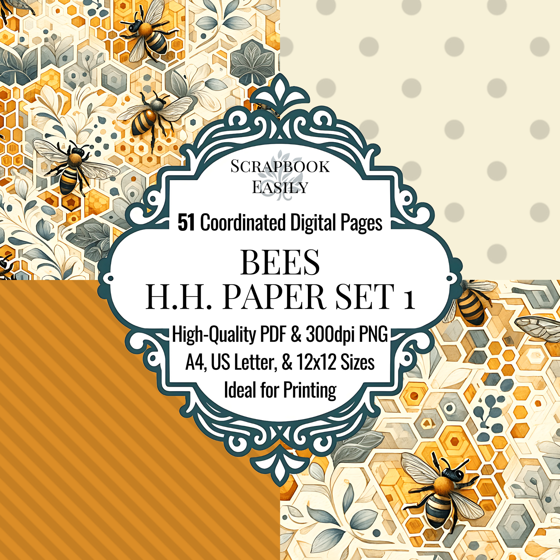 Discover the nature inspired Paper Set from Scrapbook Easily, showcasing 51 coordinated digital pages with a vibrant honeybee & geometric honeycomb theme. Available in high-quality PDF & 300dpi PNG formats suitable for A4, US Letter, & 12x12 sizes, making it ideal for both home & professional printing. Perfect for nature-inspired scrapbooking projects & creative paper crafts.