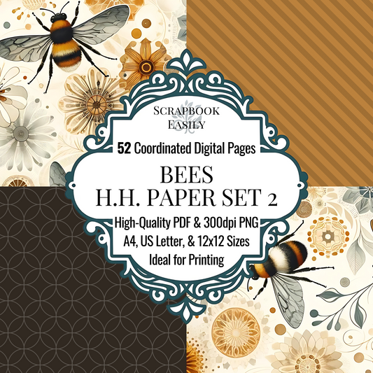 Showcase of Scrapbook Easily's Honeybee Paper Set, featuring 52 coordinated digital pages with bee & floral motifs. The set is offered in high-quality PDF & 300dpi PNG formats, available in A4, US Letter, & 12x12 sizes. Designed for versatility in home & professional printing projects, these papers are perfect for scrapbooking & crafting, highlighted by a prominent bumblebee & elegant floral patterns. Explore more at www.scrapbookeasily.com