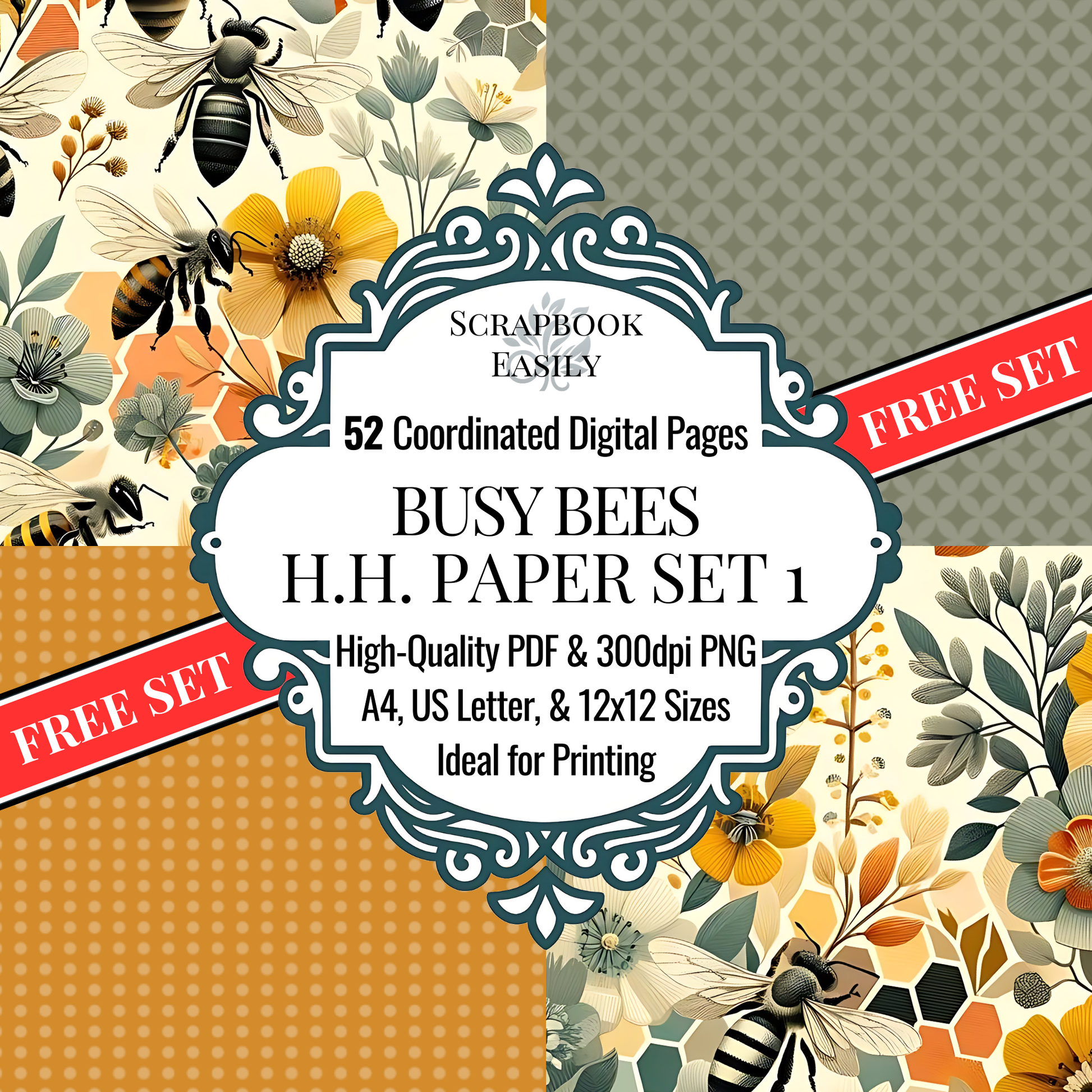 Explore the blossoming Paper Set from Scrapbook Easily, featuring 52 coordinated digital pages adorned with floral & bee designs. Available in high-quality PDF & 300dpi PNG formats, perfectly sized for A4, US Letter, & 12x12, ideal for both home & professional printing. Enhance your scrapbooking projects with these nature-inspired, beautifully crafted papers.