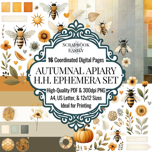 Delightful Ephemera, part of Scrapbook Easily's Honeycomb Harmony series, offers 16 digital pages featuring bees, flowers, & nature in soft autumnal tones. Available in PDF & 300dpi PNG, sized for A4, US Letter, & 12x12. Ideal for diverse scrapbooking projects. Visit www.scrapbookeasily.com.