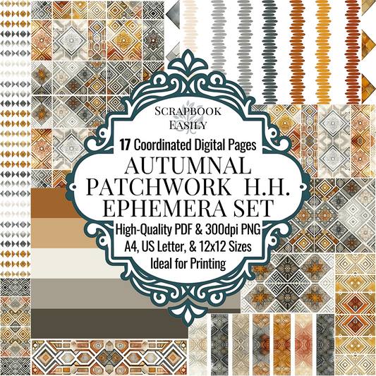 Vintage Ephemera, from Scrapbook Easily's Honeycomb Harmony collection, features 17 digital pages with geometric & ornate patterns in earthy hues. Available in high-quality PDF & 300dpi PNG, suitable for A4, US Letter, & 12x12 printing. Ideal for crafting at www.scrapbookeasily.com.