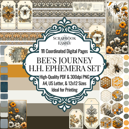 Honeycomb Harmony - Ephemera Bee's Journey digital scrapbooking collection. Features 11 coordinated pages with bee & floral motifs, available in PDF & PNG, A4, US Letter, & 12x12 sizes. Ideal for both home & professional printing. Explore at Scrapbook Easily, www.scrapbookeasily.com.