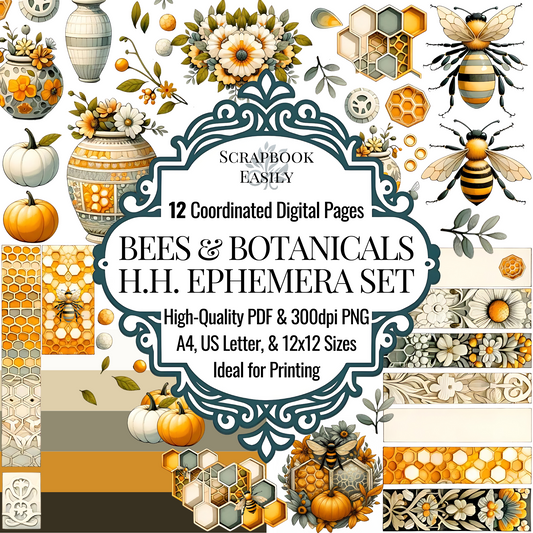 Cheery Ephemera, featuring 12 digital pages with bees & autumnal botanicals at Scrapbook Easily. Rich oranges & earthy tones, perfect for crafting. High-quality PDF & 300dpi PNG in A4, US Letter, & 12x12 sizes. Ideal for both home & professional printing. Explore more at www.scrapbookeasily.com.