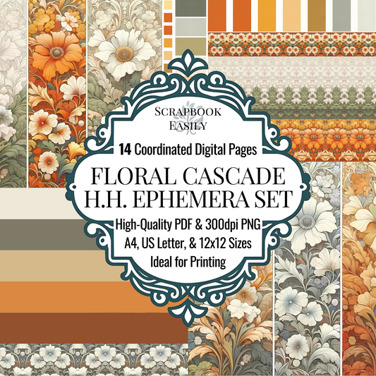 Mellow Ephemera from the Honeycomb Harmony theme features 14 digital pages with a floral cascade. Available in high-quality PDF & 300dpi PNG, perfect for A4, US Letter, & 12x12 printing. Explore these classic designs at www.scrapbookeasily.com for your crafting needs.