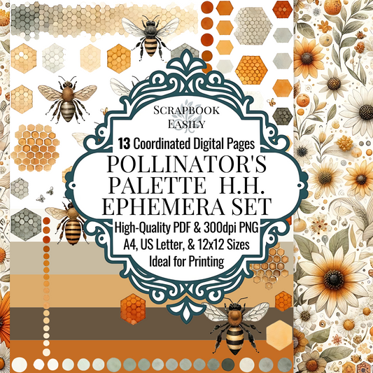 Rustic Ephemera from Scrapbook Easily, featuring 13 digital pages with bees & floral motifs in earthy hues. Available in high-quality PDF & 300dpi PNG across A4, US Letter, & 12x12 sizes, perfect for home & professional printing. Explore now at www.scrapbookeasily.com.