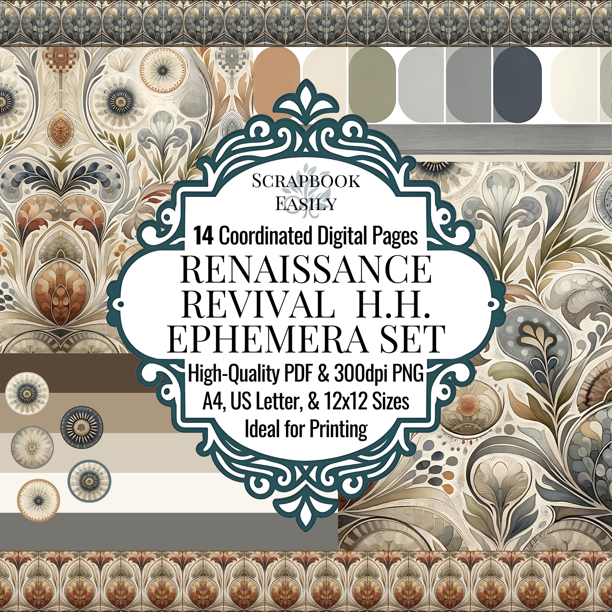 Serene Ephemera from the Honeycomb Harmony range features 14 coordinated digital pages with elegant Renaissance revival designs. Available in high-quality PDF & 300dpi PNG for A4, US Letter, & 12x12 printing. Perfect for both home & professional printing at www.scrapbookeasily.com.