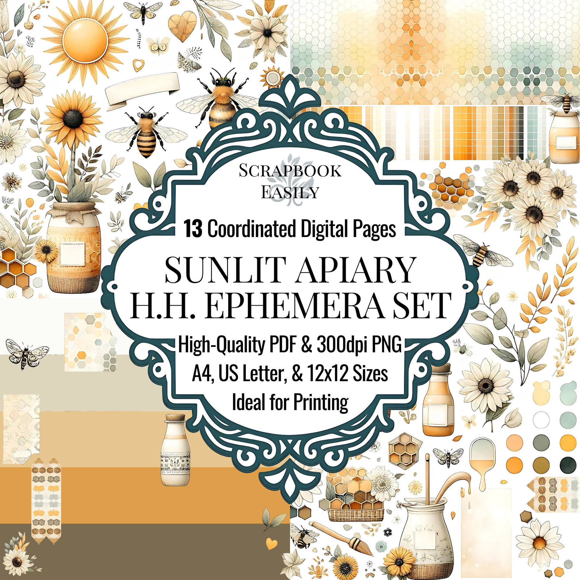 Discover the Honeycomb Harmony - Ephemera Sunlit Apiary collection at Scrapbook Easily, offering 13 coordinated digital pages with motifs of sunflowers, daisies, bees & honeycombs in sunlit hues, available in high-quality PDF & 300dpi PNG, perfect for diverse crafting projects.