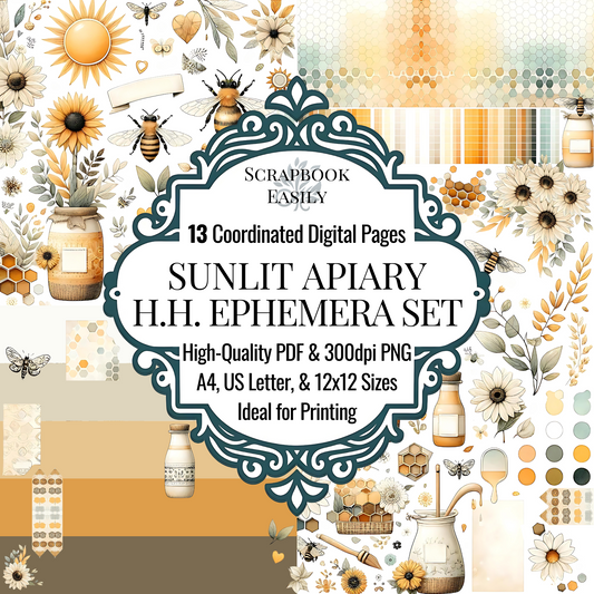 Discover the Honeycomb Harmony - Ephemera Sunlit Apiary collection at Scrapbook Easily, offering 13 coordinated digital pages with motifs of sunflowers, daisies, bees & honeycombs in sunlit hues, available in high-quality PDF & 300dpi PNG, perfect for diverse crafting projects.