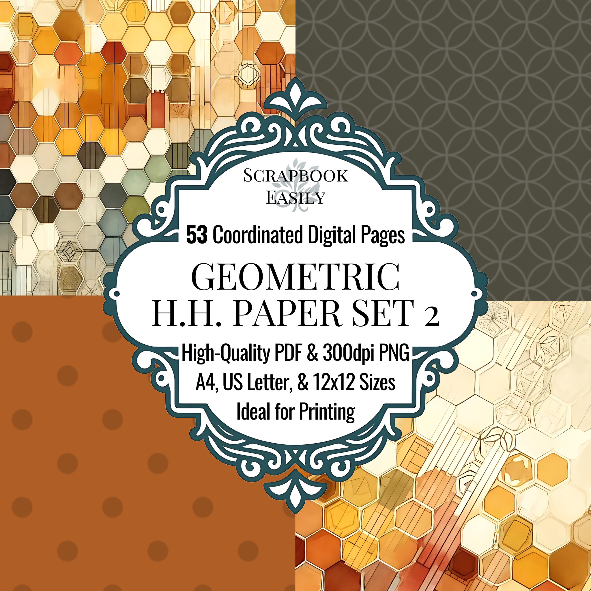 Honeycomb Harmony - Geometric 2 Artwork Paper Set: Printable Scrapbook ...