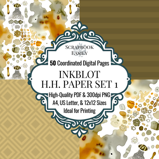 Unveil the organic Paper Set by Scrapbook Easily, featuring 50 coordinated digital pages. This collection highlights natural & fluid inkblot patterns in earthy tones, crafted in high-quality PDF & 300dpi PNG formats. Suitable for A4, US Letter, & 12x12 sizes, perfect for both home & professional crafting.