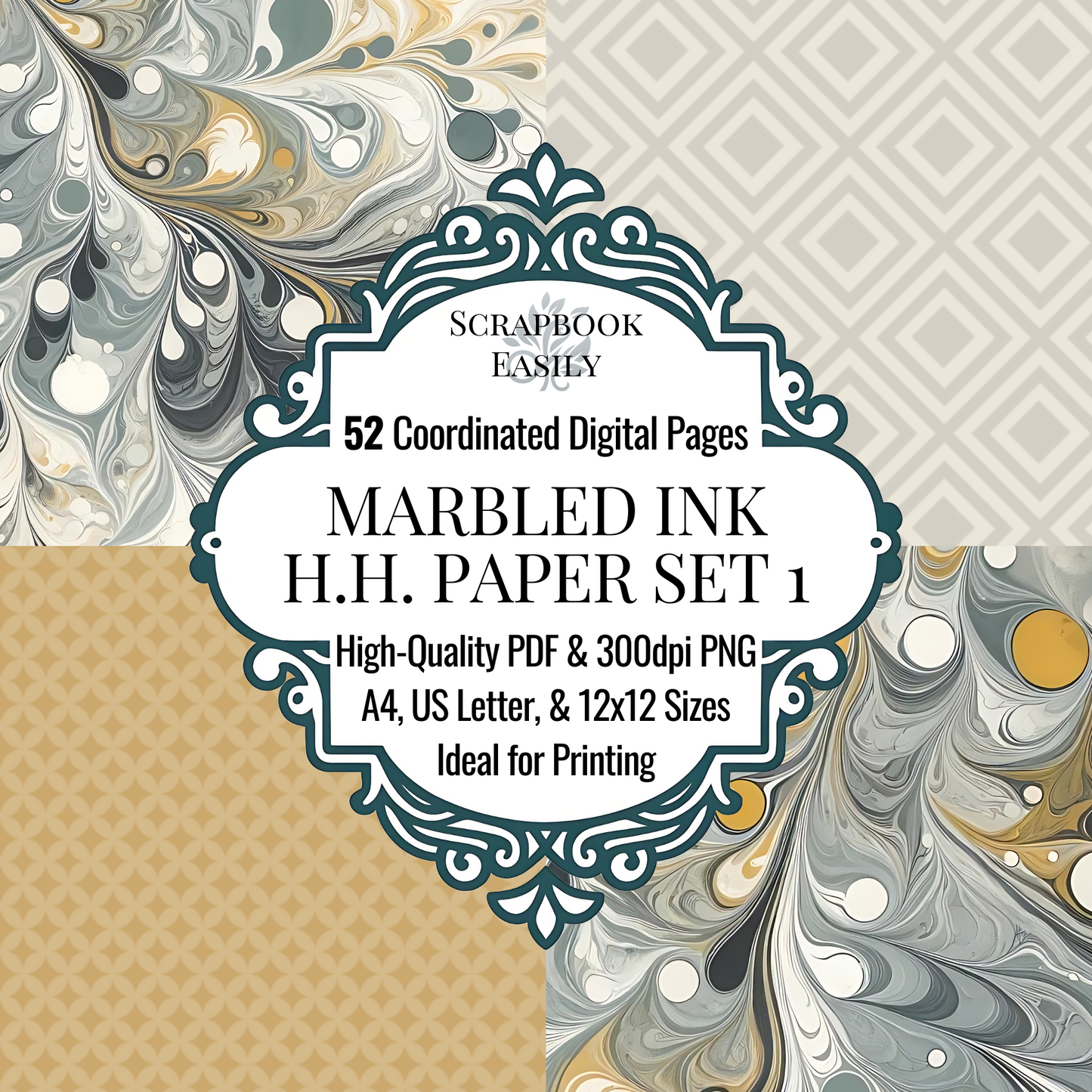 Explore the flowing Paper Set by Scrapbook Easily, offering 52 coordinated digital pages in marbled ink designs with swirls of greys & creamy whites. Available in high-quality PDF & 300dpi PNG formats, tailored for A4, US Letter, & 12x12 sizes, perfect for both home & professional printing.