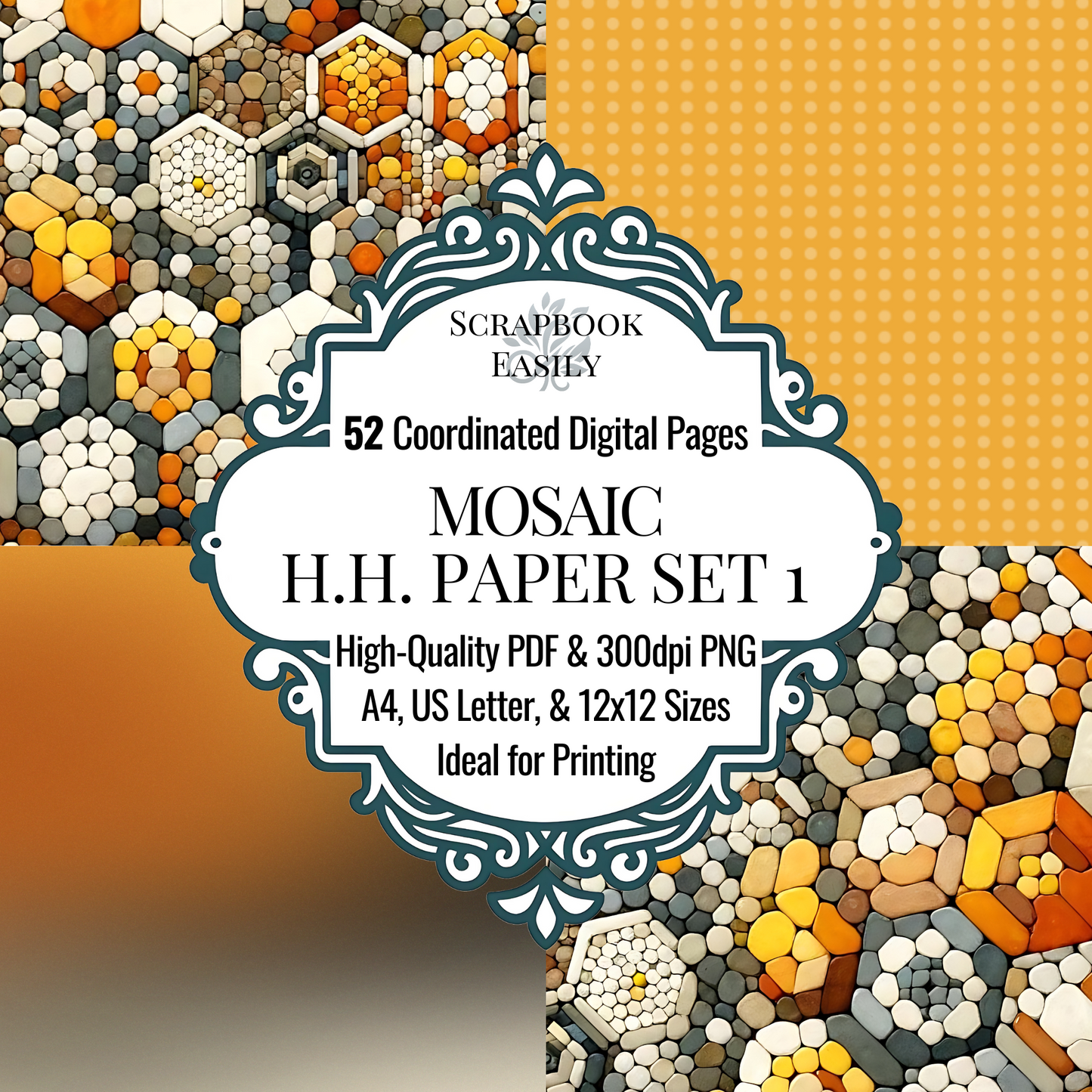 Discover the Mosaic Paper Set, featuring 52 digital pages with a stunning mosaic tile design in a vibrant array of colours. This high-quality set is available in PDF & 300dpi PNG formats, perfectly suited for A4, US Letter, and 12x12 sizes, making it ideal for both home & professional printing. Enhance your scrapbooking projects with this unique collection from www.scrapbookeasily.com