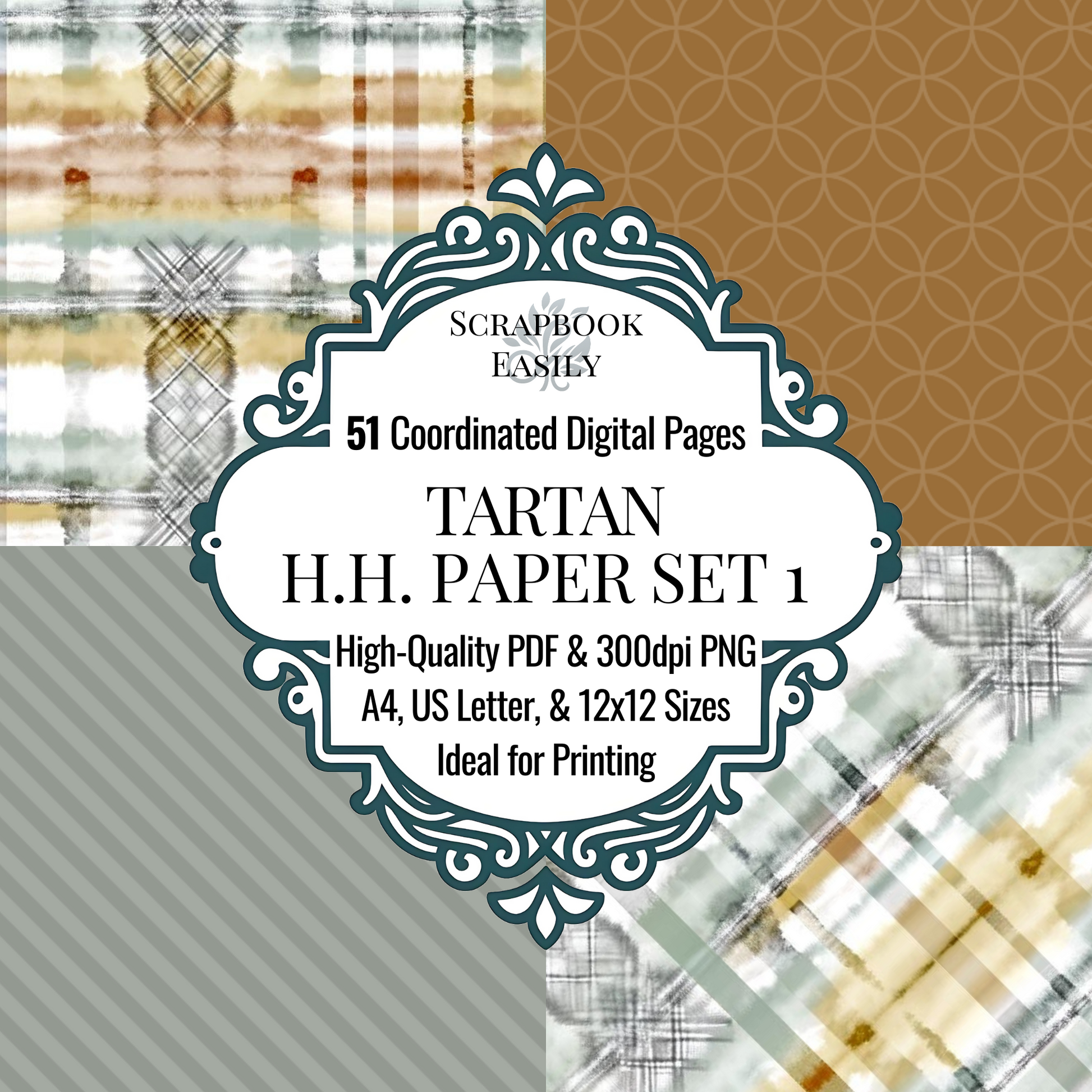 Discover the Tartan Paper Set from Scrapbook Easily, featuring 51 coordinated digital pages with classic tartan patterns. This set includes high-quality PDFs & 300dpi PNG files in A4, US Letter, & 12x12 sizes, perfect for both home & professional printing. Ideal for adding a traditional or rustic touch to your scrapbooking projects & creative designs.